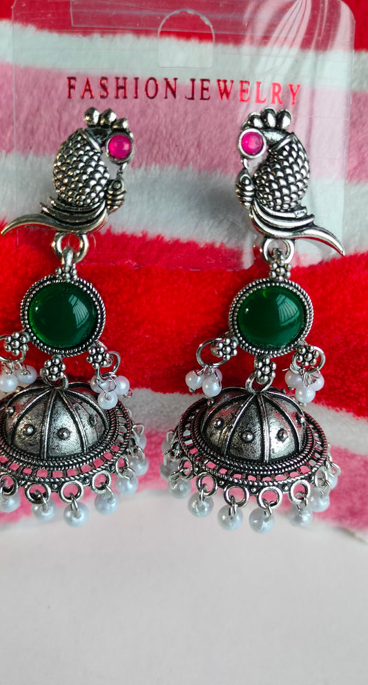 Oxidized Silver Peacock Jhumka Earrings with Green Stone & Pearl Drops – Traditional Ethnic Jewelry for Women