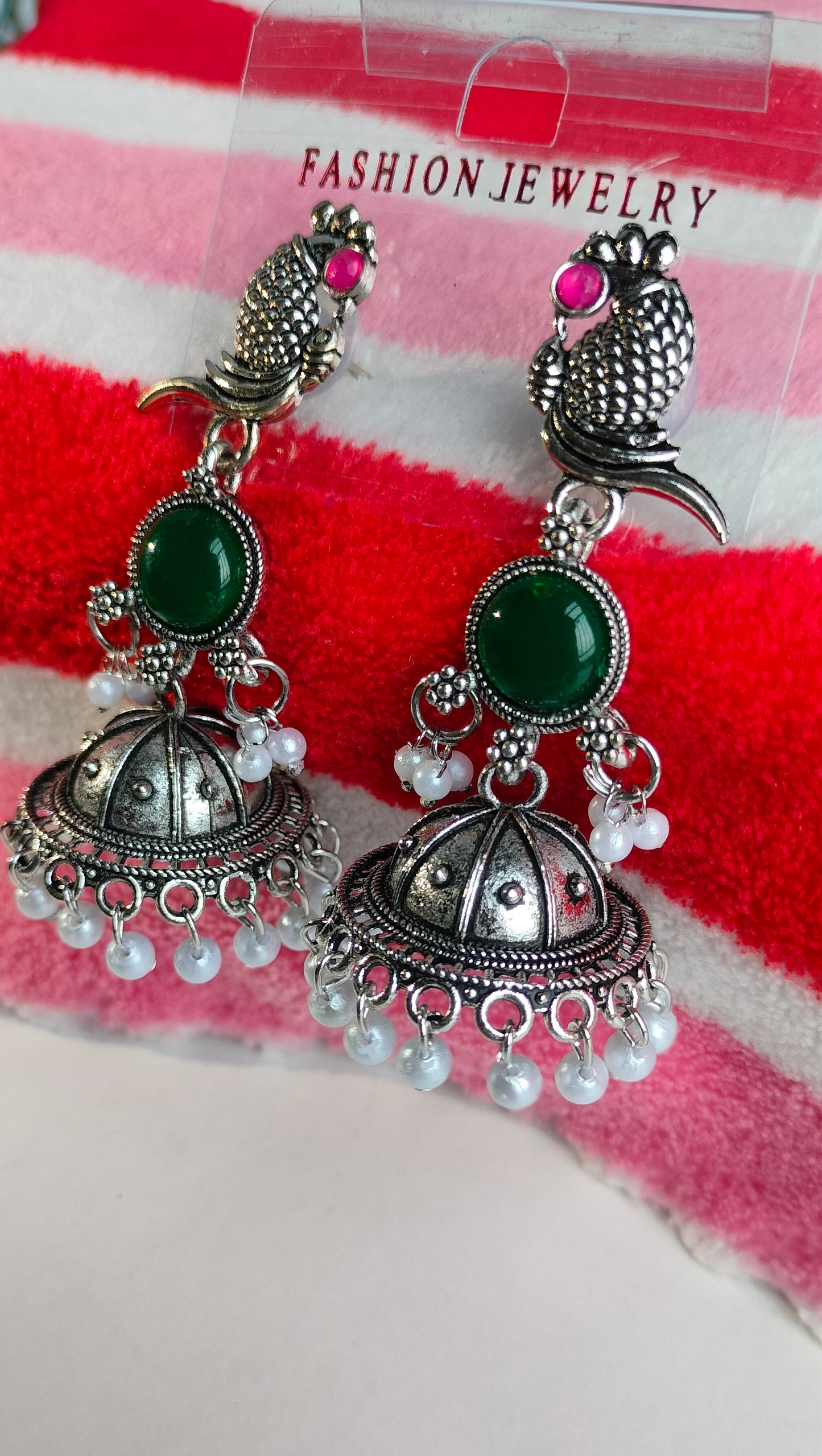Oxidized Silver Peacock Jhumka Earrings with Green Stone & Pearl Drops – Traditional Ethnic Jewelry for Women