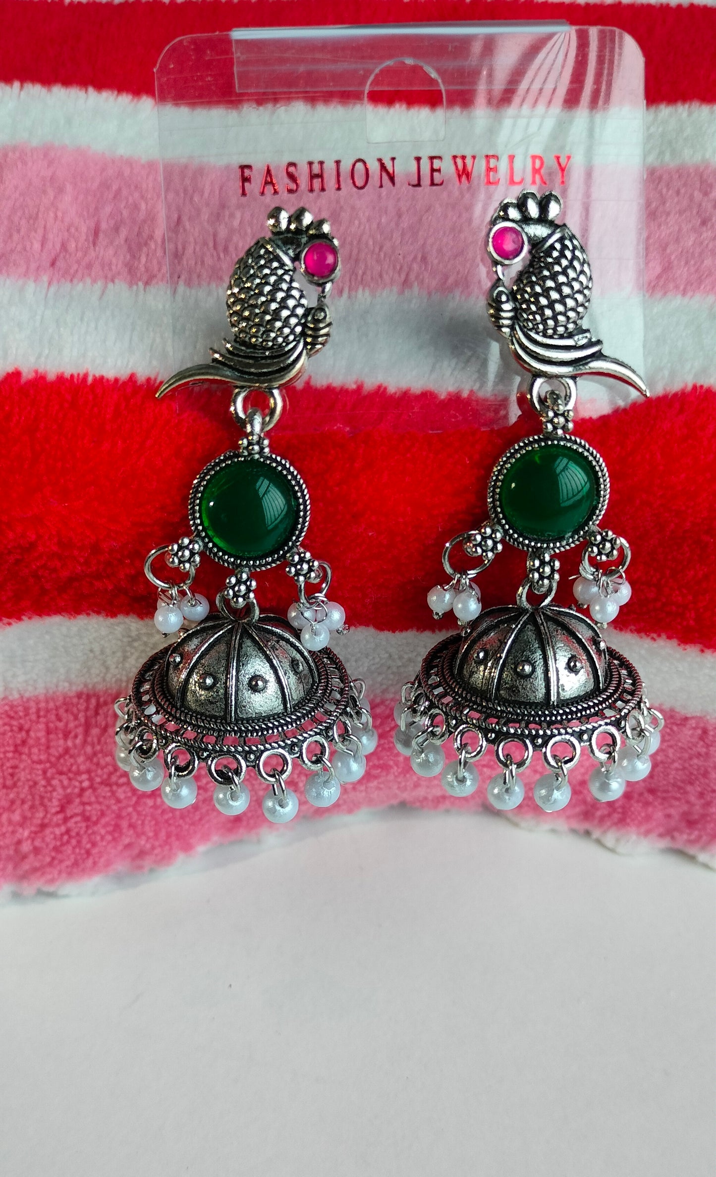 Oxidized Silver Peacock Jhumka Earrings with Green Stone & Pearl Drops – Traditional Ethnic Jewelry for Women