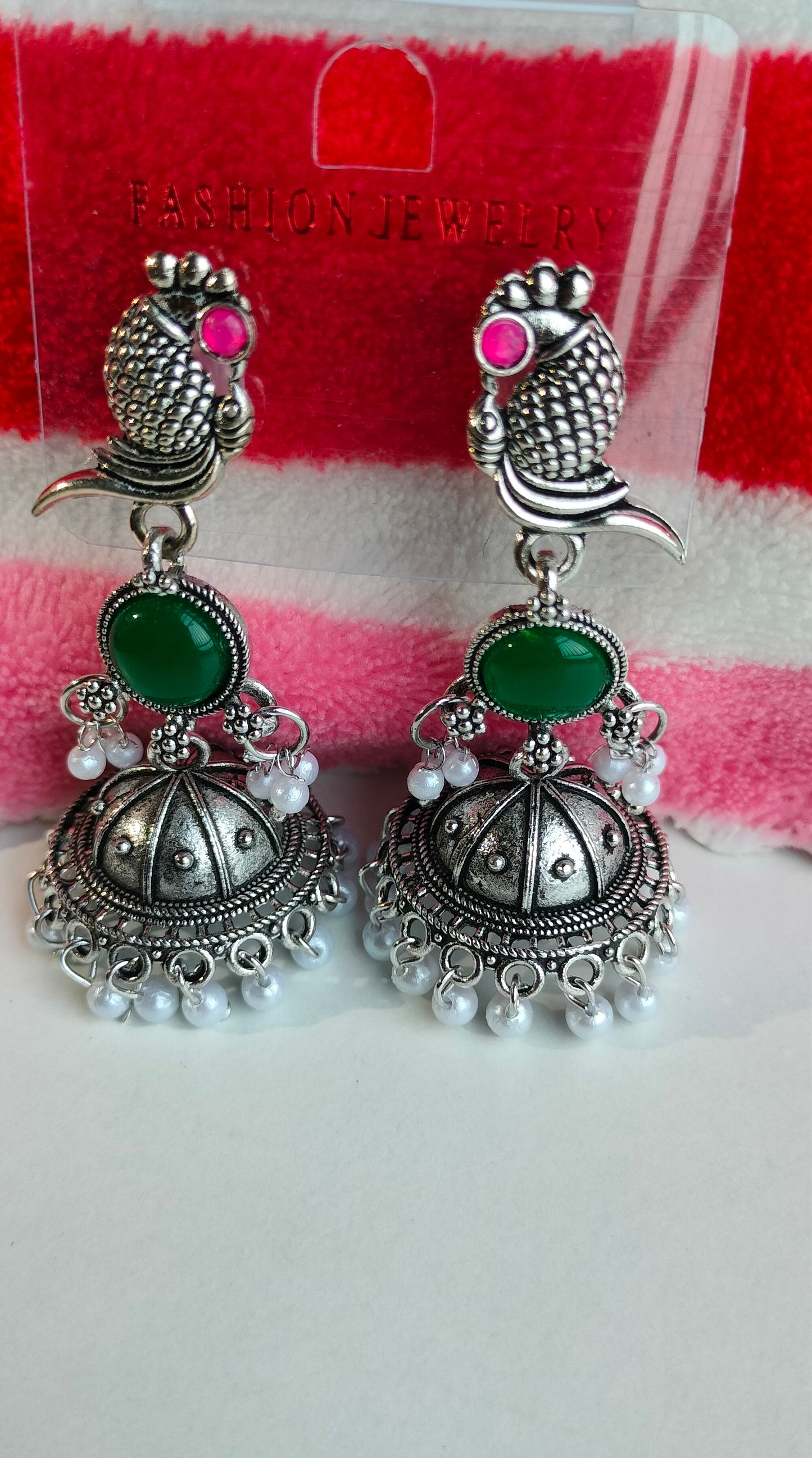 Oxidized Silver Peacock Jhumka Earrings with Green Stone & Pearl Drops – Traditional Ethnic Jewelry for Women