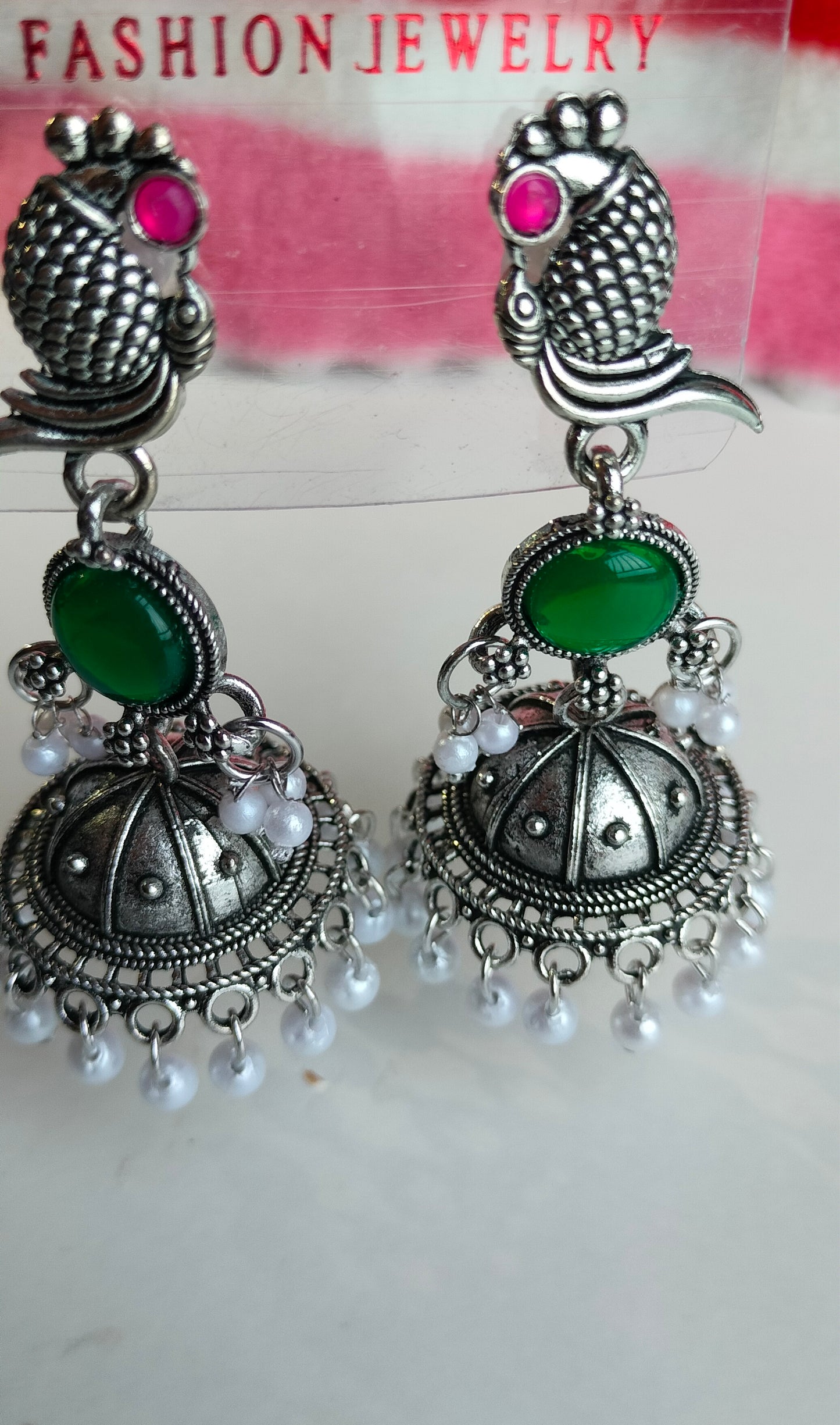 Oxidized Silver Peacock Jhumka Earrings with Green Stone & Pearl Drops – Traditional Ethnic Jewelry for Women