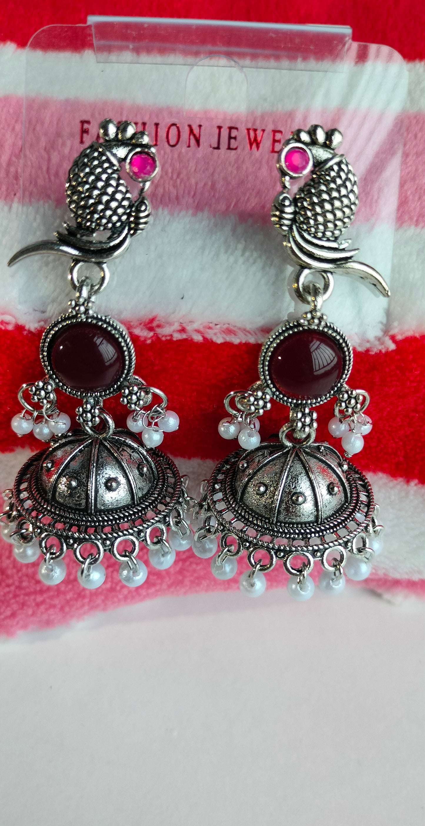 Oxidized Silver Peacock Jhumka Earrings with Wine Red Stone & Pearl Drops – Traditional Ethnic Jewelry for Women