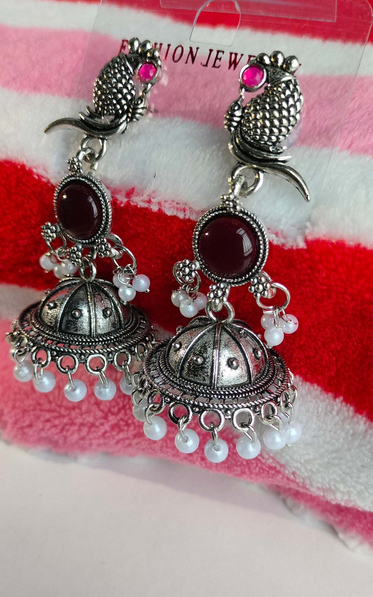 Oxidized Silver Peacock Jhumka Earrings with Wine Red Stone & Pearl Drops – Traditional Ethnic Jewelry for Women