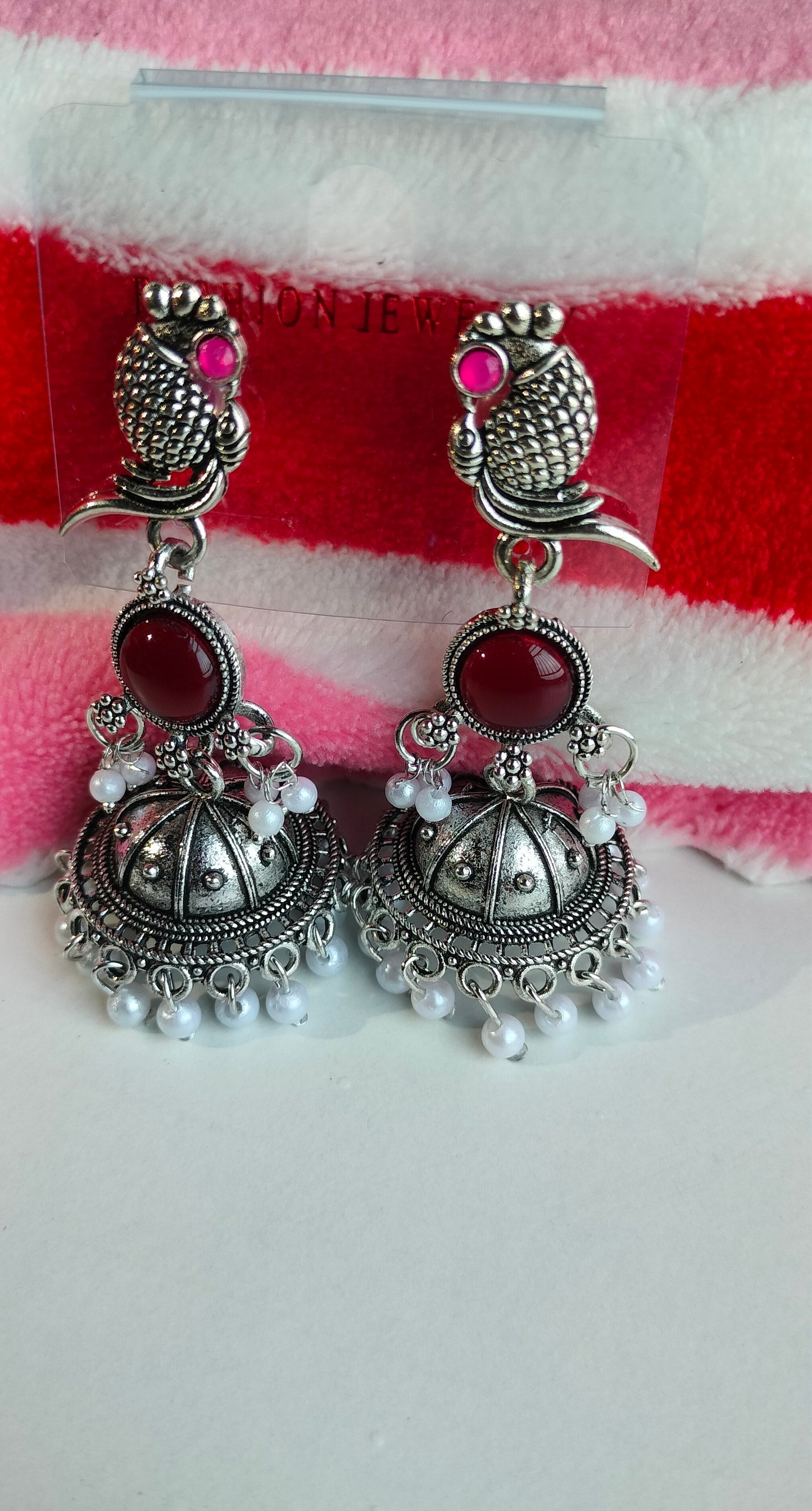 Oxidized Silver Peacock Jhumka Earrings with Wine Red Stone & Pearl Drops – Traditional Ethnic Jewelry for Women