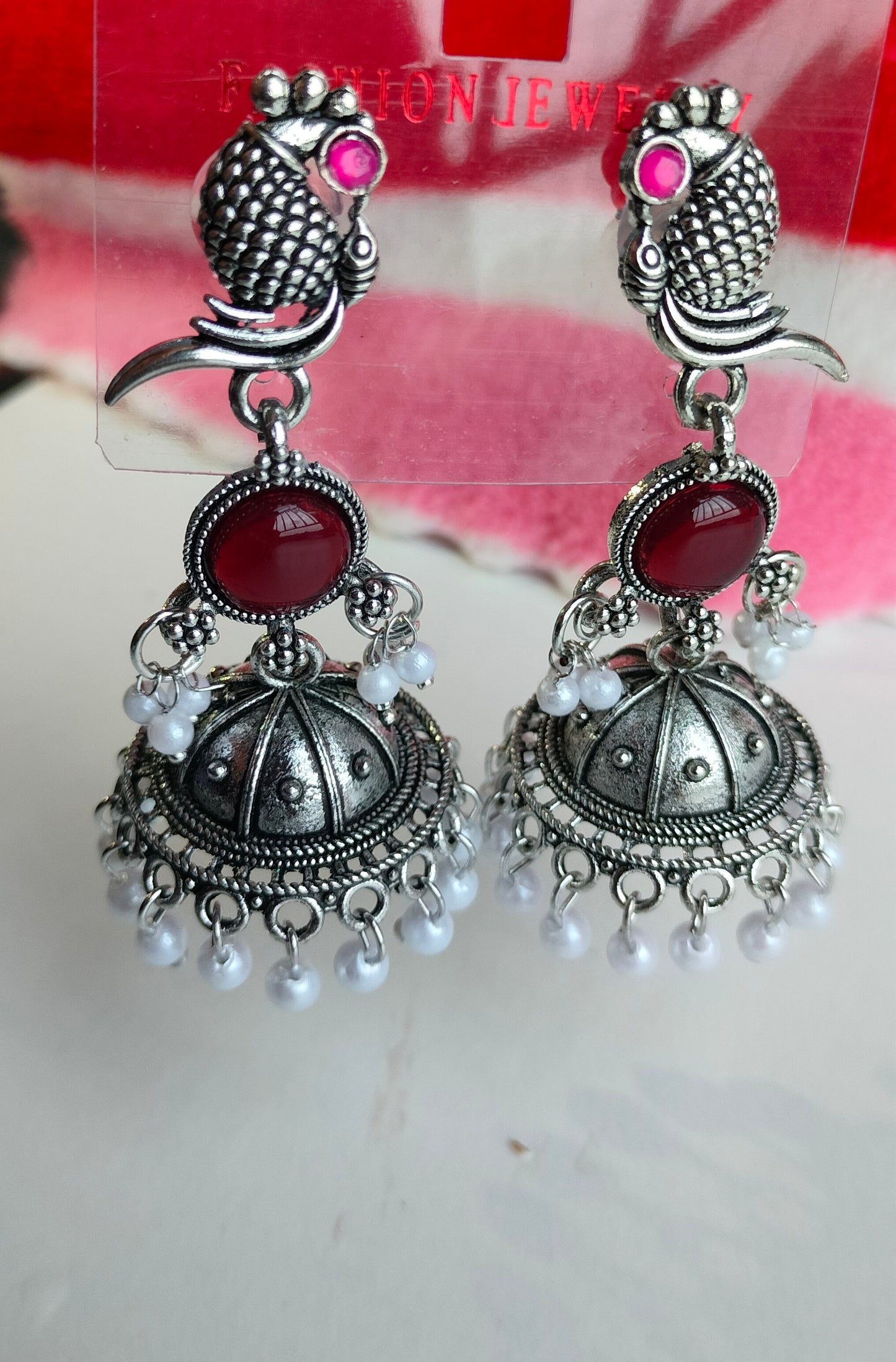 Oxidized Silver Peacock Jhumka Earrings with Wine Red Stone & Pearl Drops – Traditional Ethnic Jewelry for Women