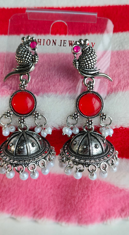 Oxidized Silver Peacock Jhumka Earrings with Red Stone & Pearl Drops – Traditional Ethnic Jewelry for Women