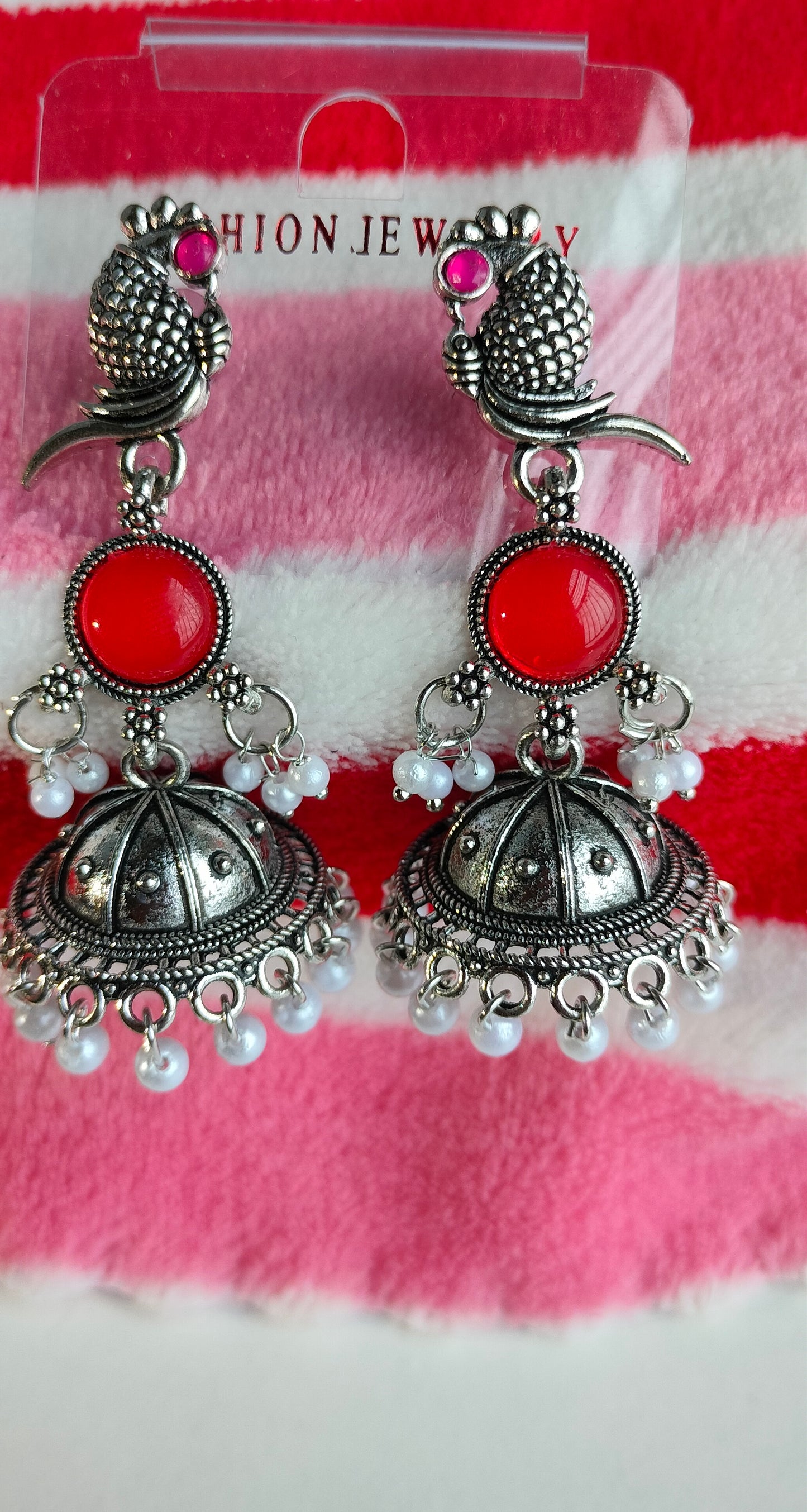 Oxidized Silver Peacock Jhumka Earrings with Red Stone & Pearl Drops – Traditional Ethnic Jewelry for Women