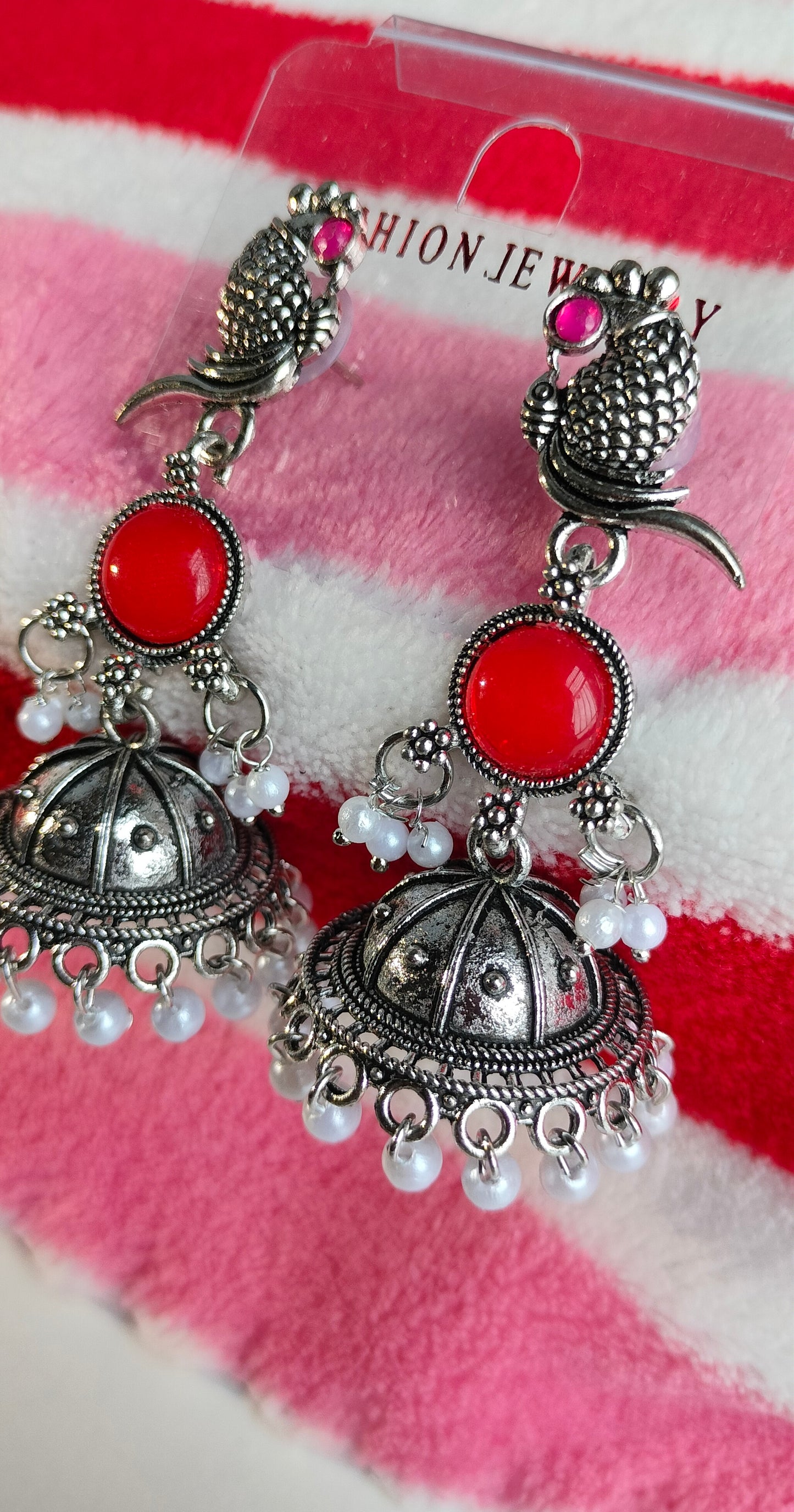 Oxidized Silver Peacock Jhumka Earrings with Red Stone & Pearl Drops – Traditional Ethnic Jewelry for Women