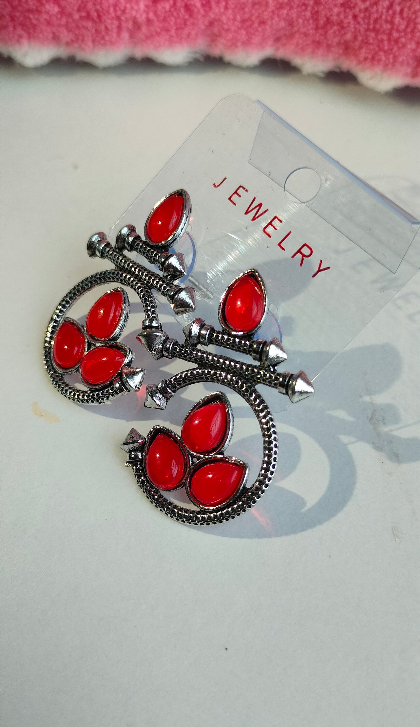 Designer Oxidised Silver Earrings with Red Stones
