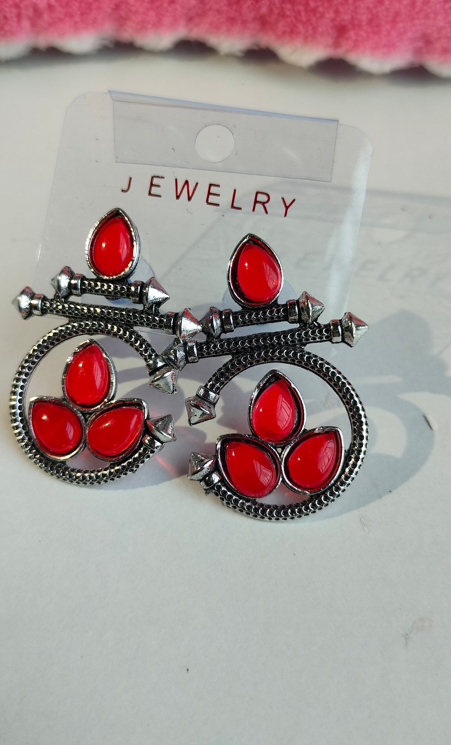 Designer Oxidised Silver Earrings with Red Stones