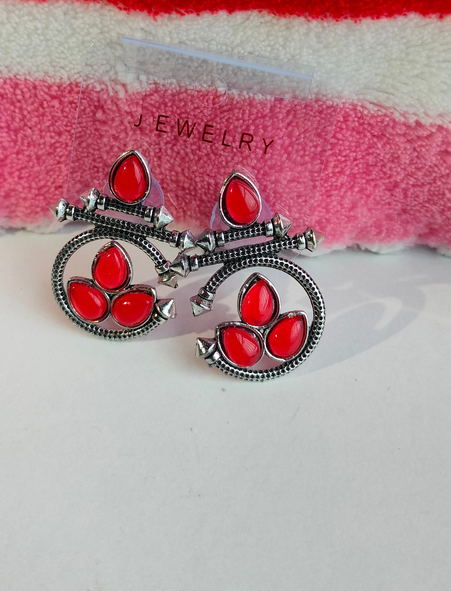 Designer Oxidised Silver Earrings with Red Stones