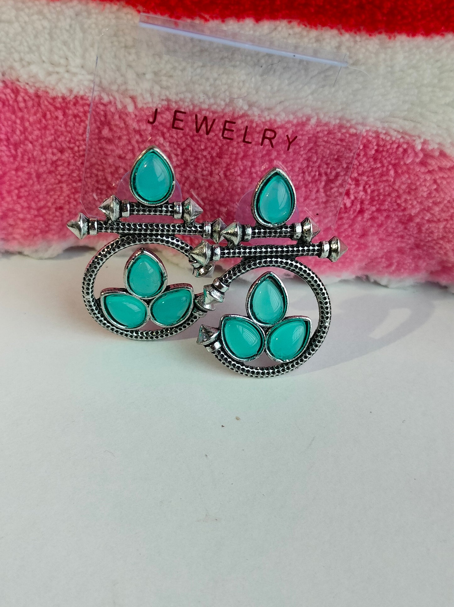 Designer Oxidised Silver Earrings with Rama Green Stones