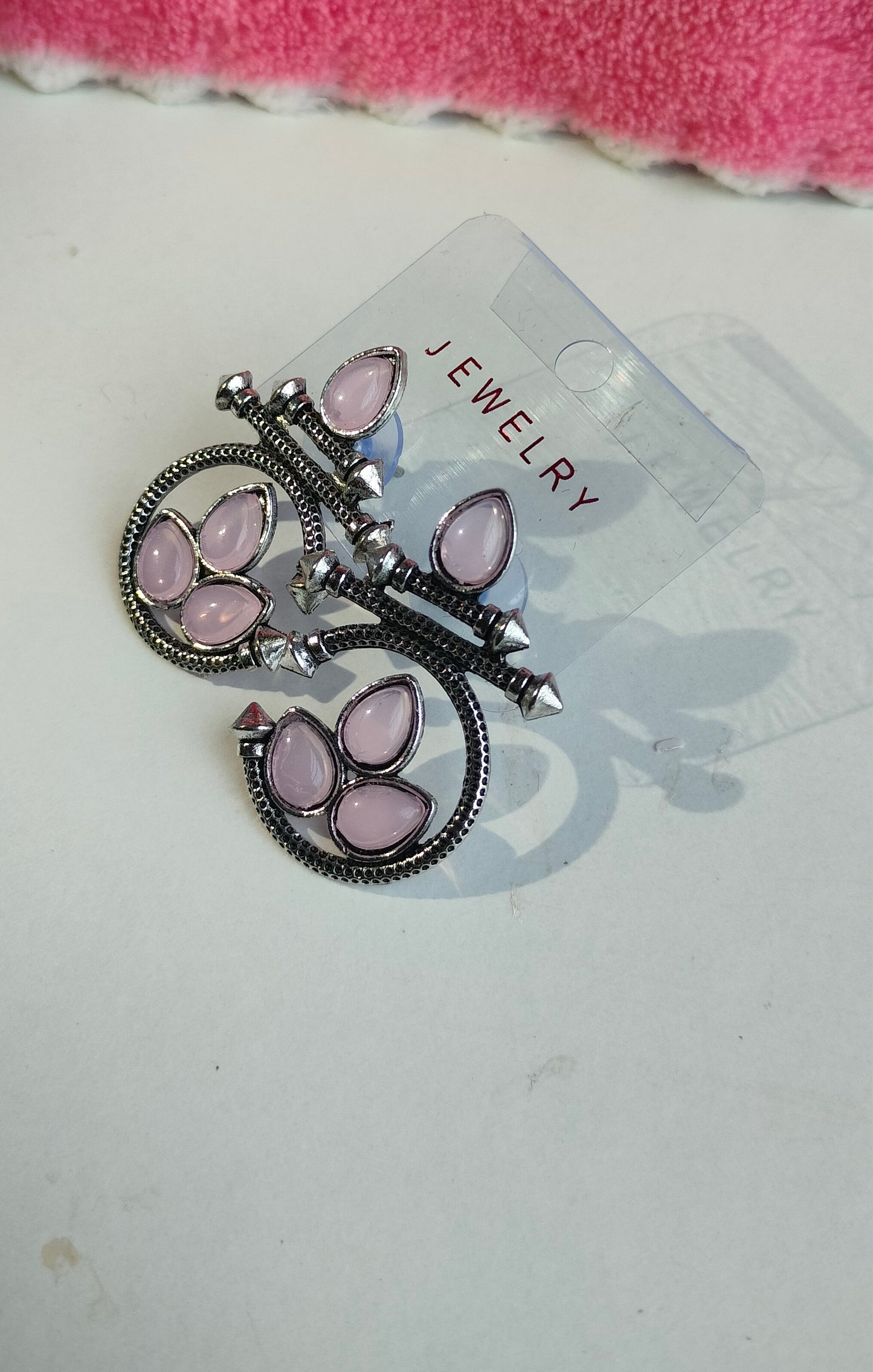 Designer Oxidised Silver Earrings with Light Pink Stones