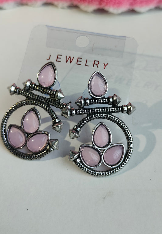 Designer Oxidised Silver Earrings with Light Pink Stones