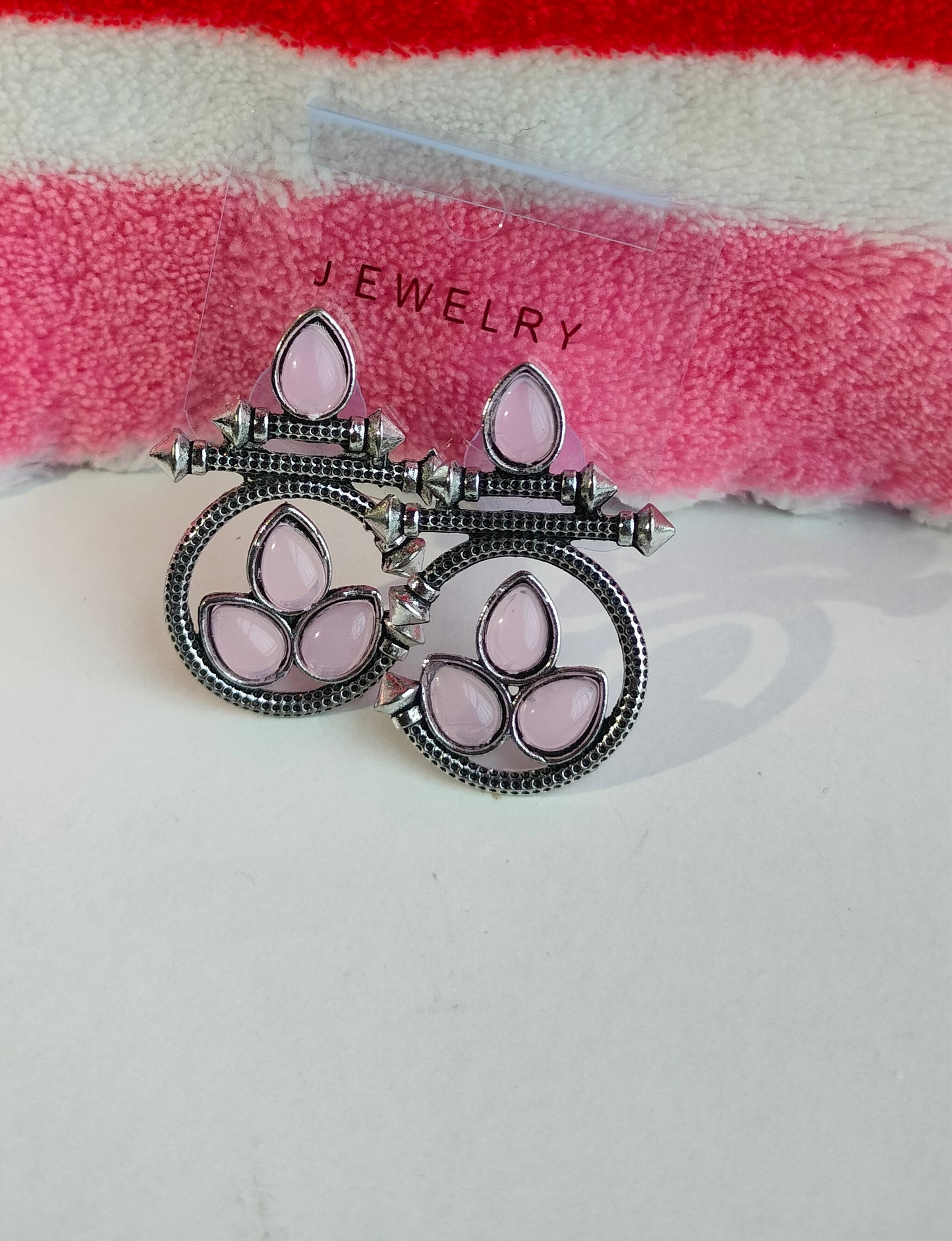 Designer Oxidised Silver Earrings with Light Pink Stones