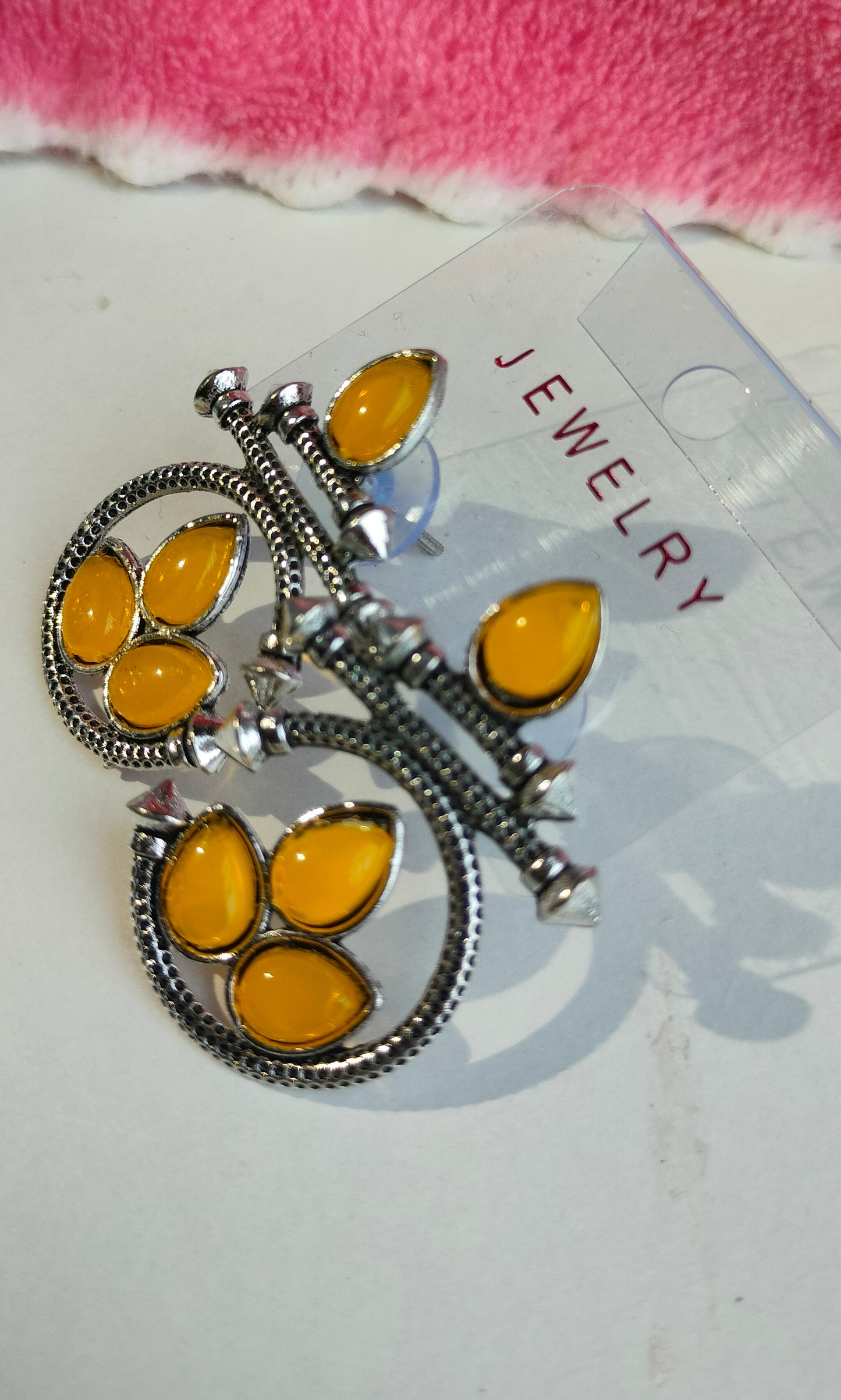 Designer Oxidised Silver Earrings with Yellow Stones