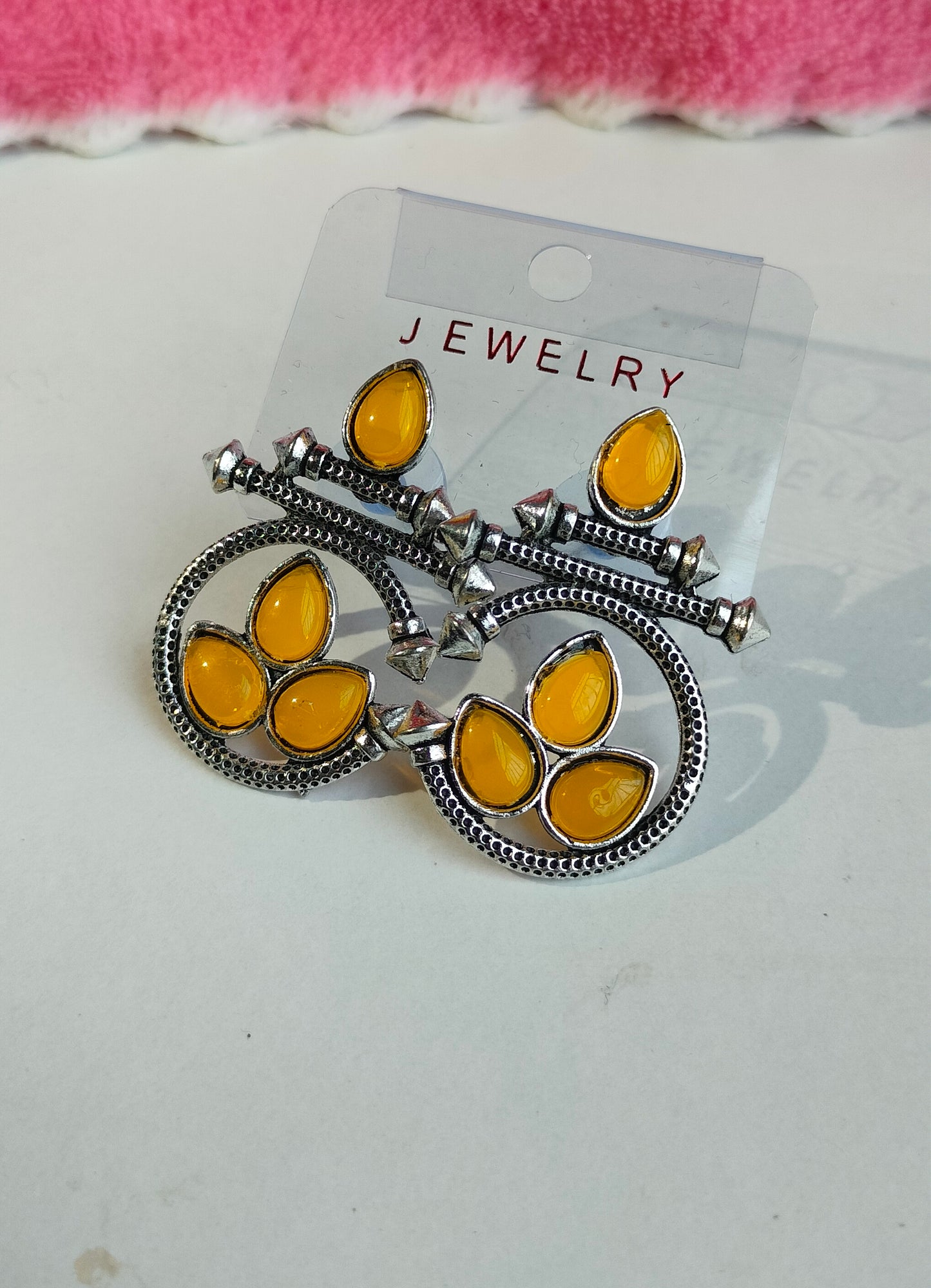 Designer Oxidised Silver Earrings with Yellow Stones