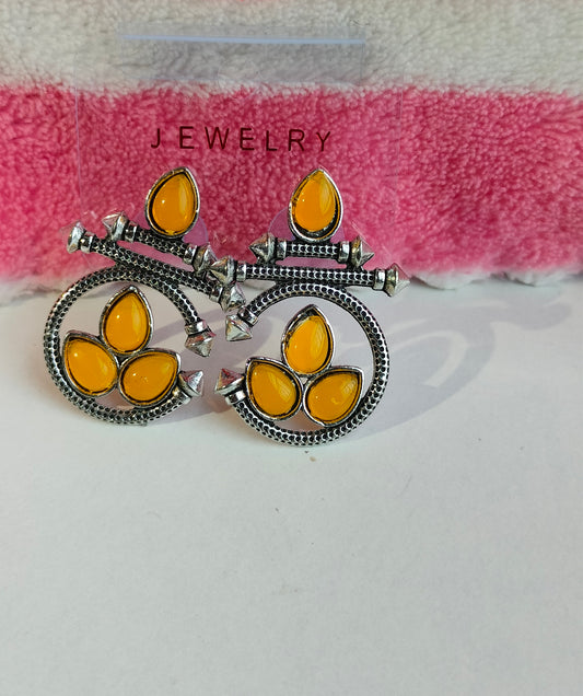 Designer Oxidised Silver Earrings with Yellow Stones