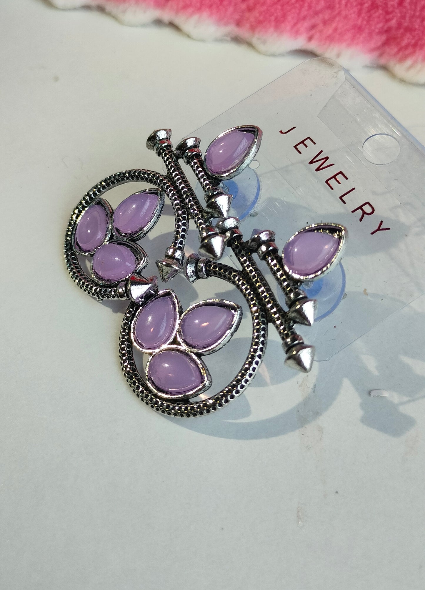 Designer Oxidised Silver Earrings with Purple Stones