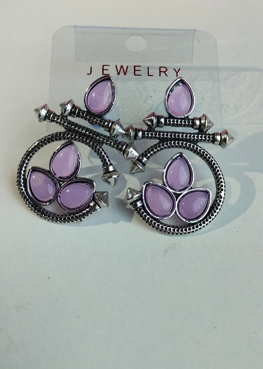 Designer Oxidised Silver Earrings with Purple Stones