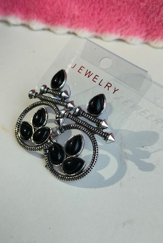 Designer Oxidised Silver Earrings with Black Stones