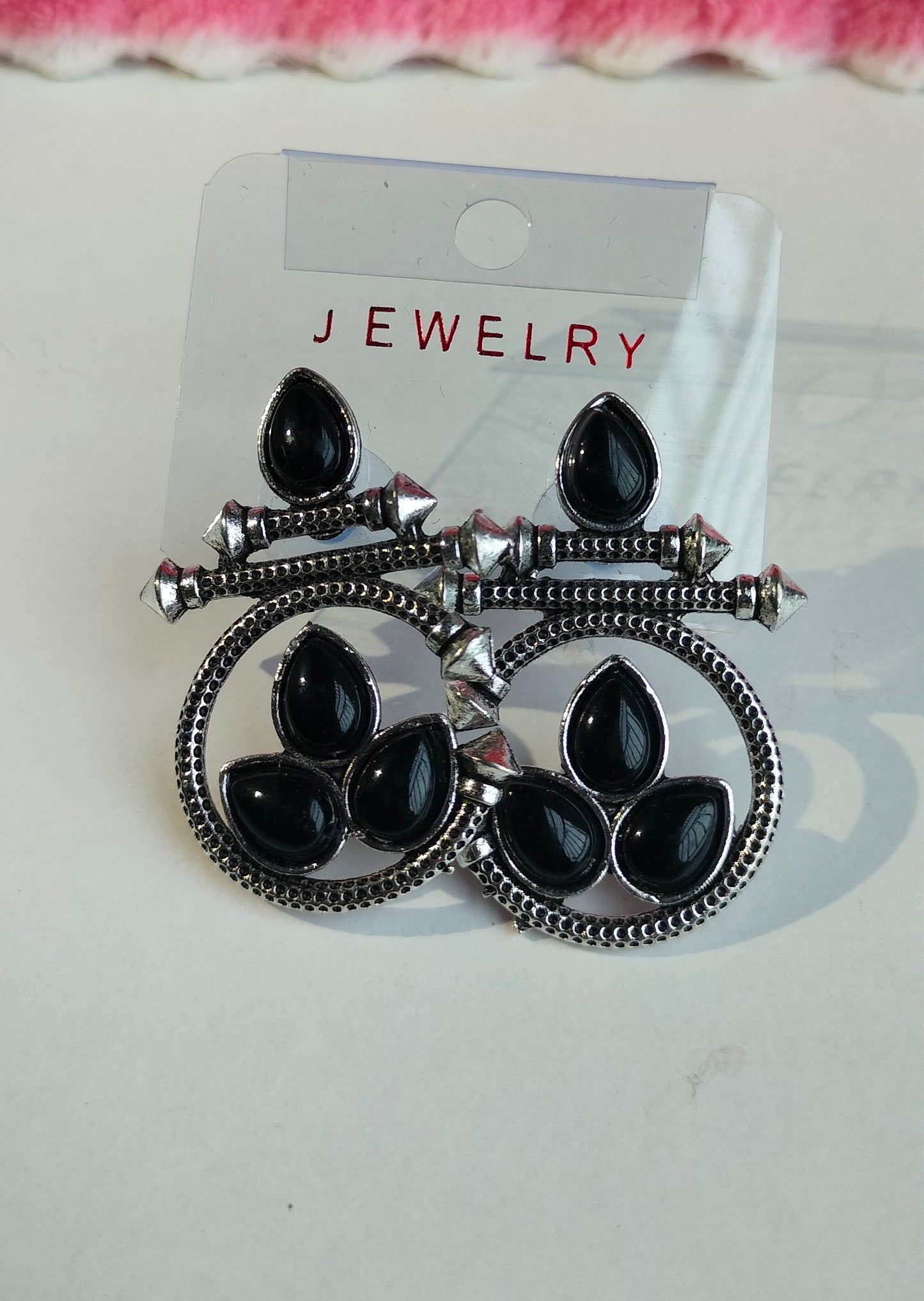 Designer Oxidised Silver Earrings with Black Stones