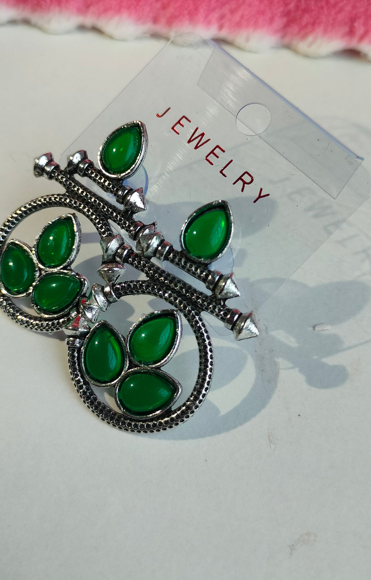Designer Oxidised Silver Earrings with Green Stones