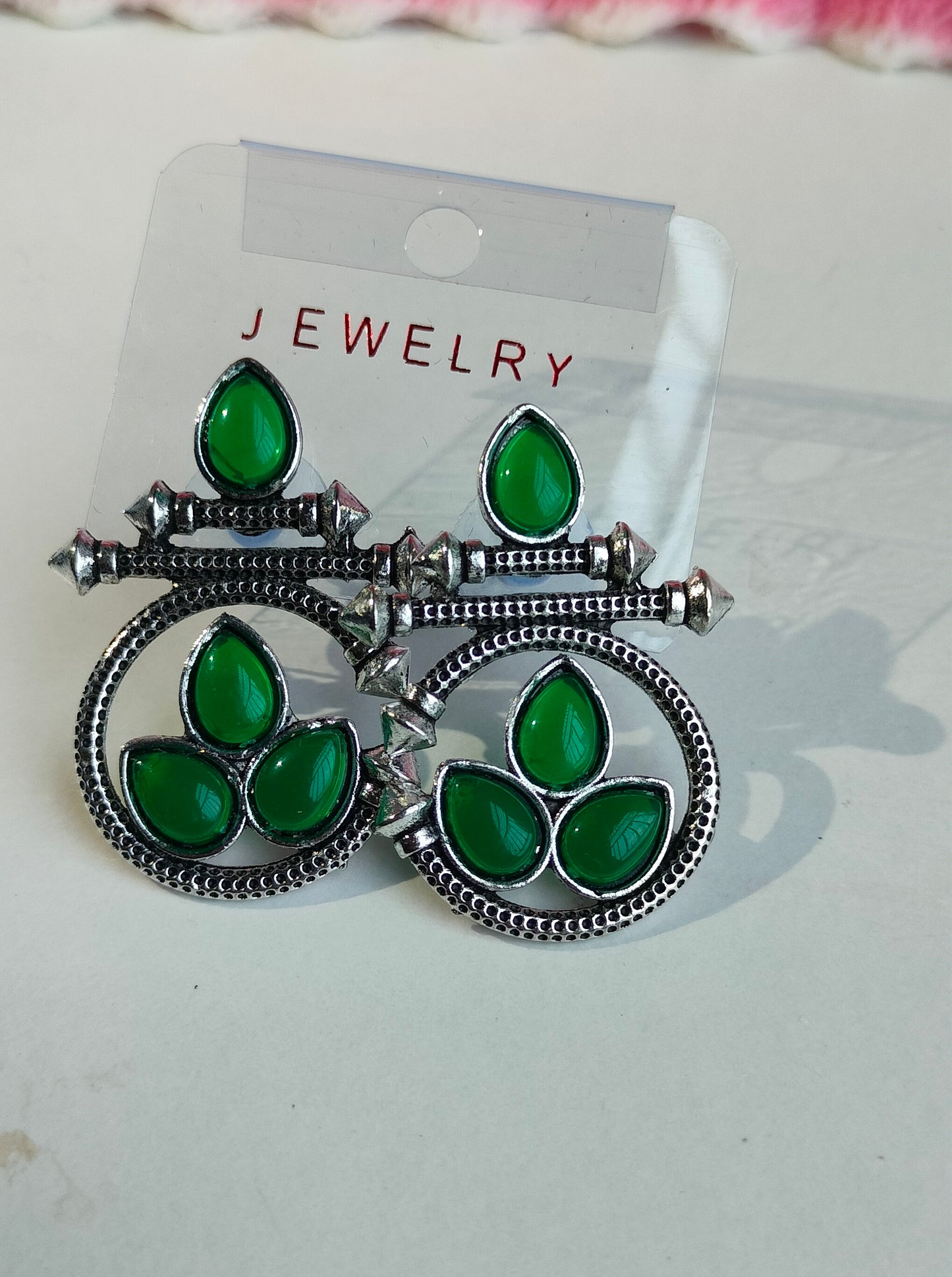 Designer Oxidised Silver Earrings with Green Stones