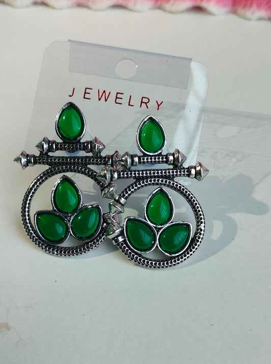 Designer Oxidised Silver Earrings with Green Stones
