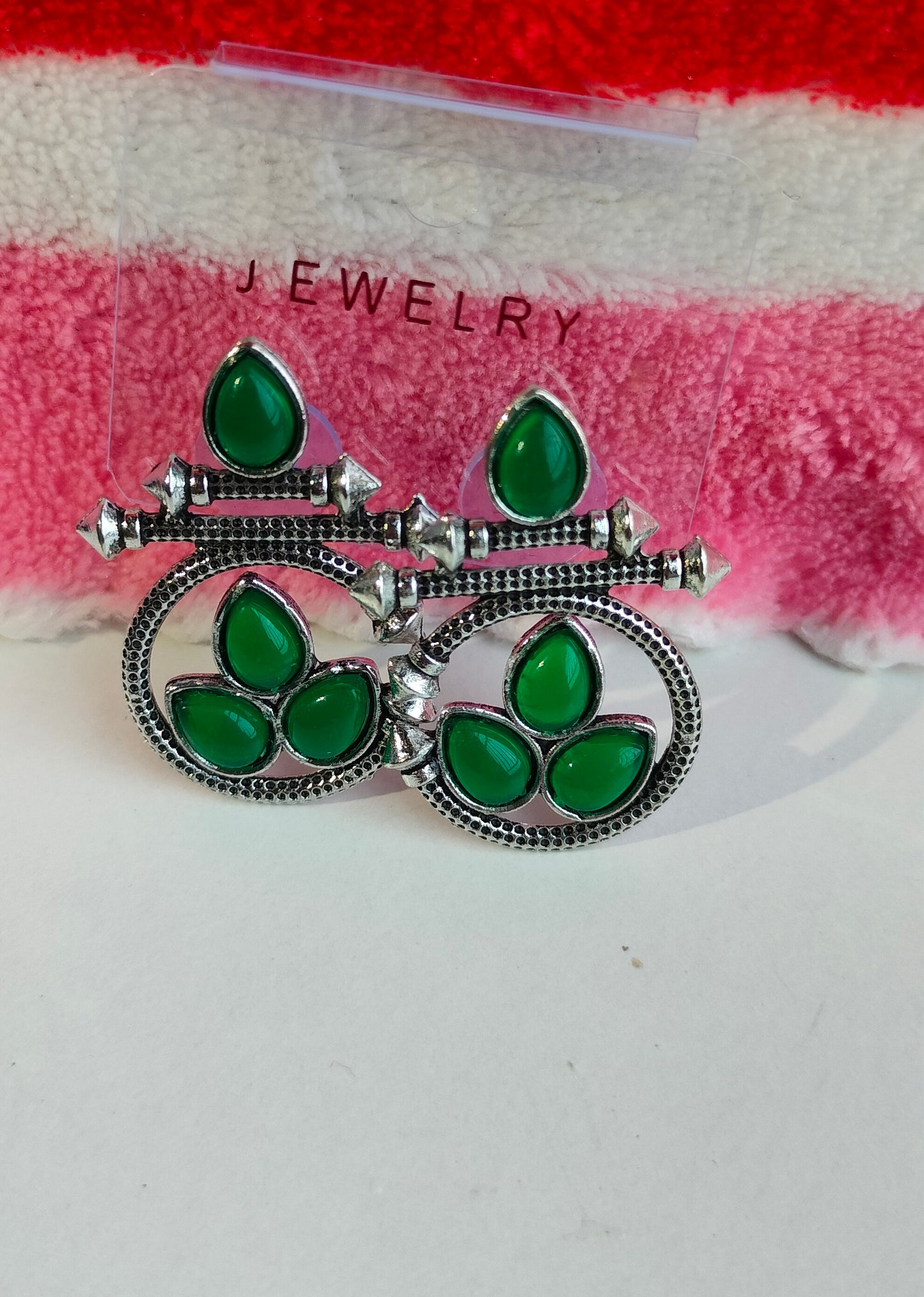 Designer Oxidised Silver Earrings with Green Stones