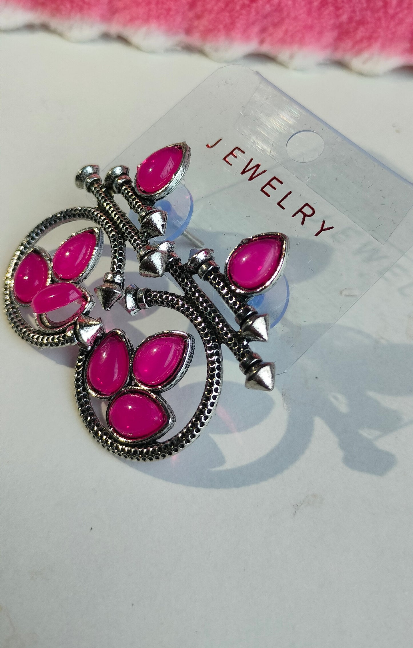 Designer Oxidised Silver Earrings with Rani Pink Stones