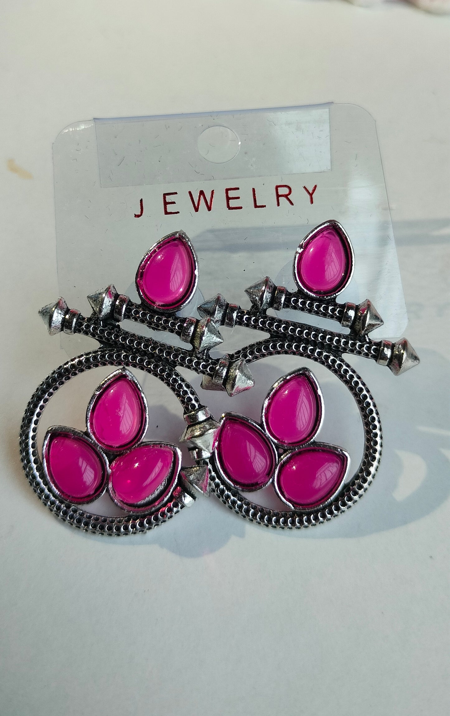 Designer Oxidised Silver Earrings with Rani Pink Stones