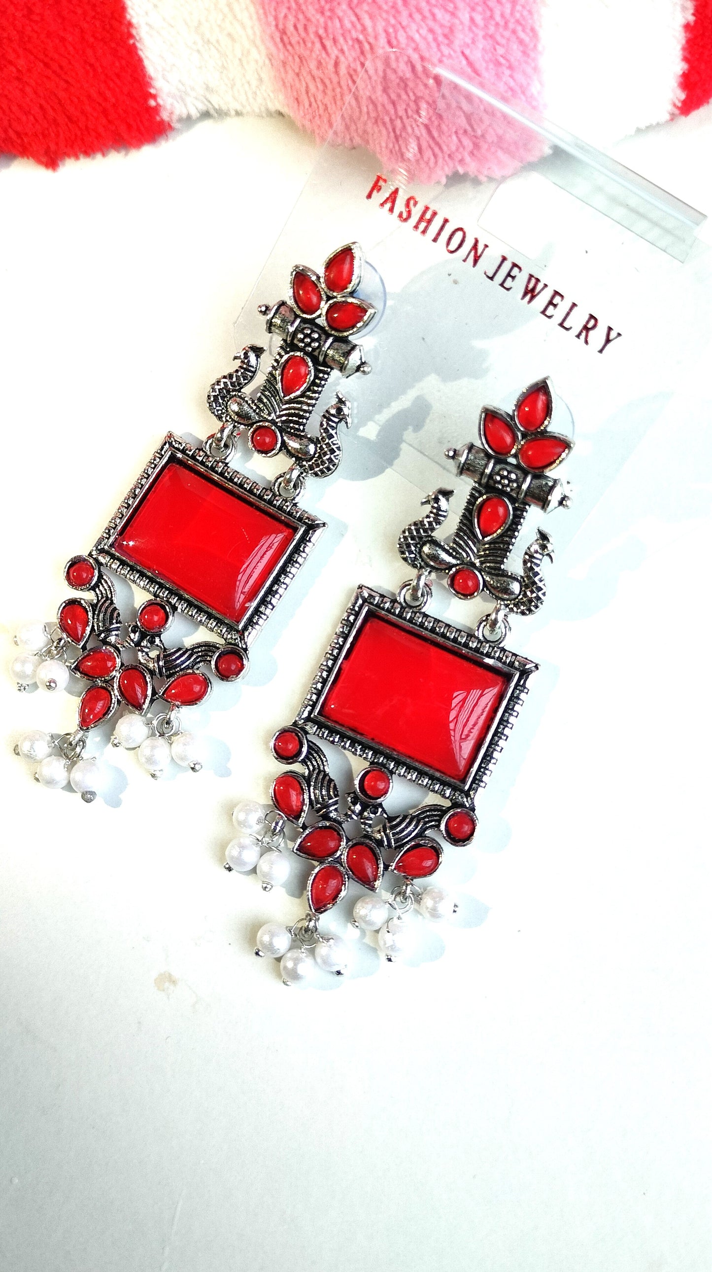 Oxidized Silver Peacock Dangler Earrings with Red Stone & Pearl Drops – Ethnic Party Wear Jewelry for Women