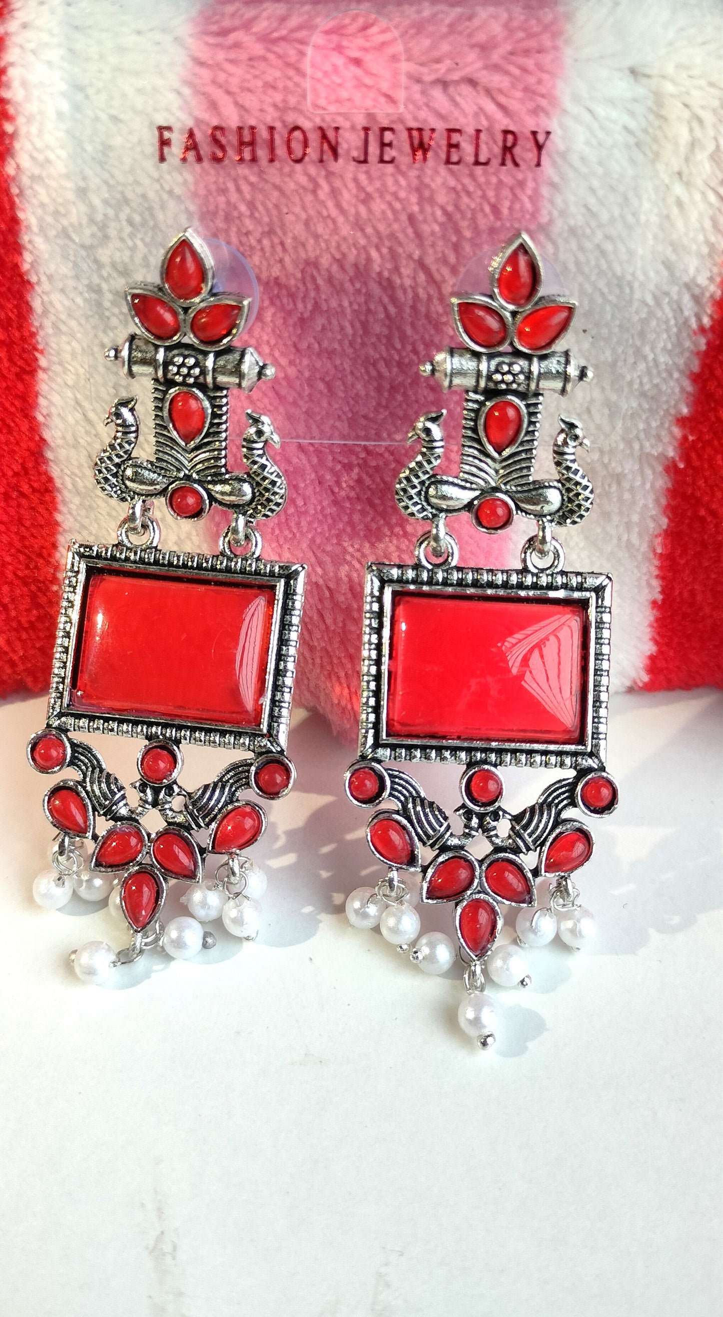 Oxidized Silver Peacock Dangler Earrings with Red Stone & Pearl Drops – Ethnic Party Wear Jewelry for Women