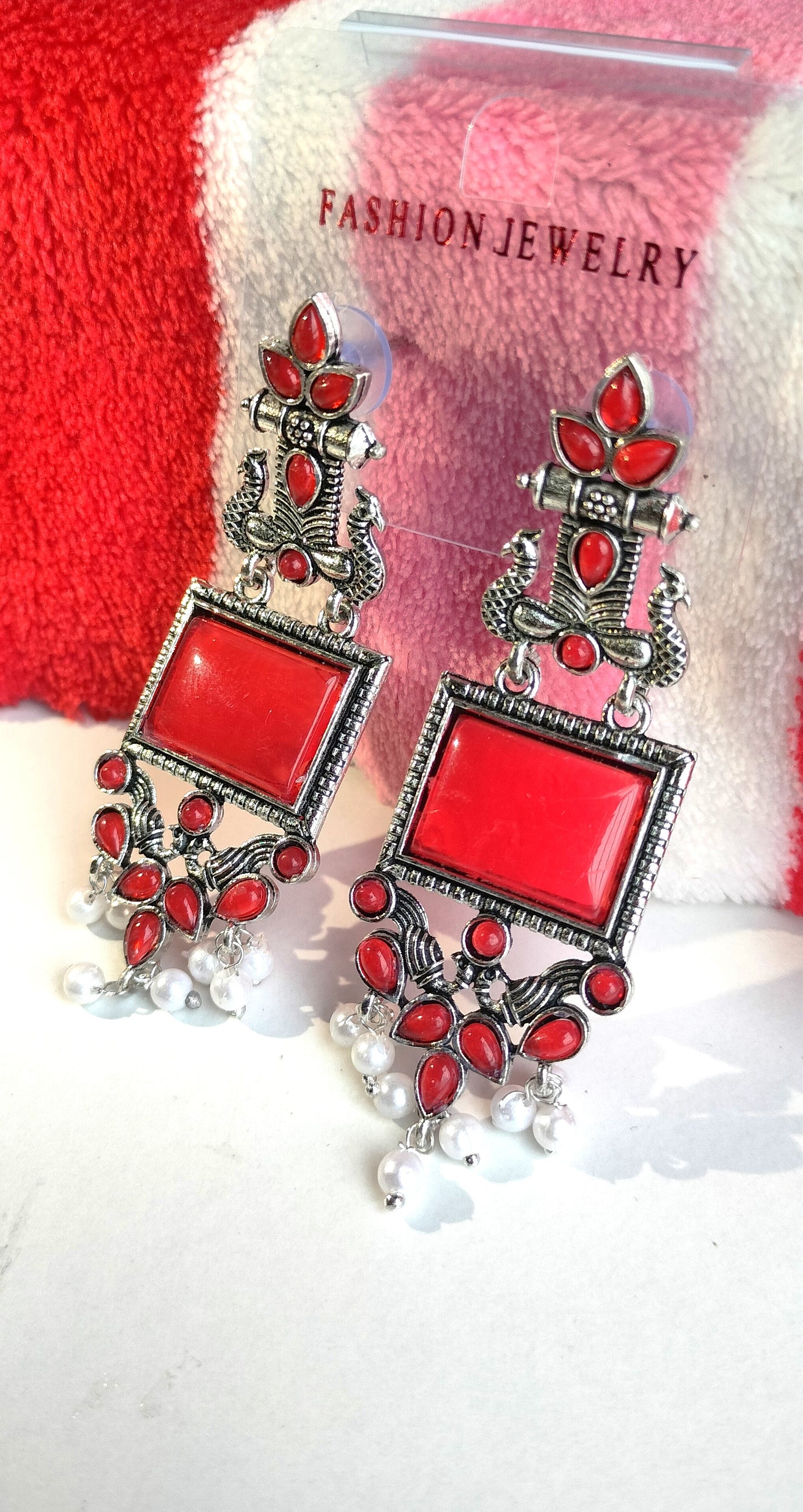 Oxidized Silver Peacock Dangler Earrings with Red Stone & Pearl Drops – Ethnic Party Wear Jewelry for Women