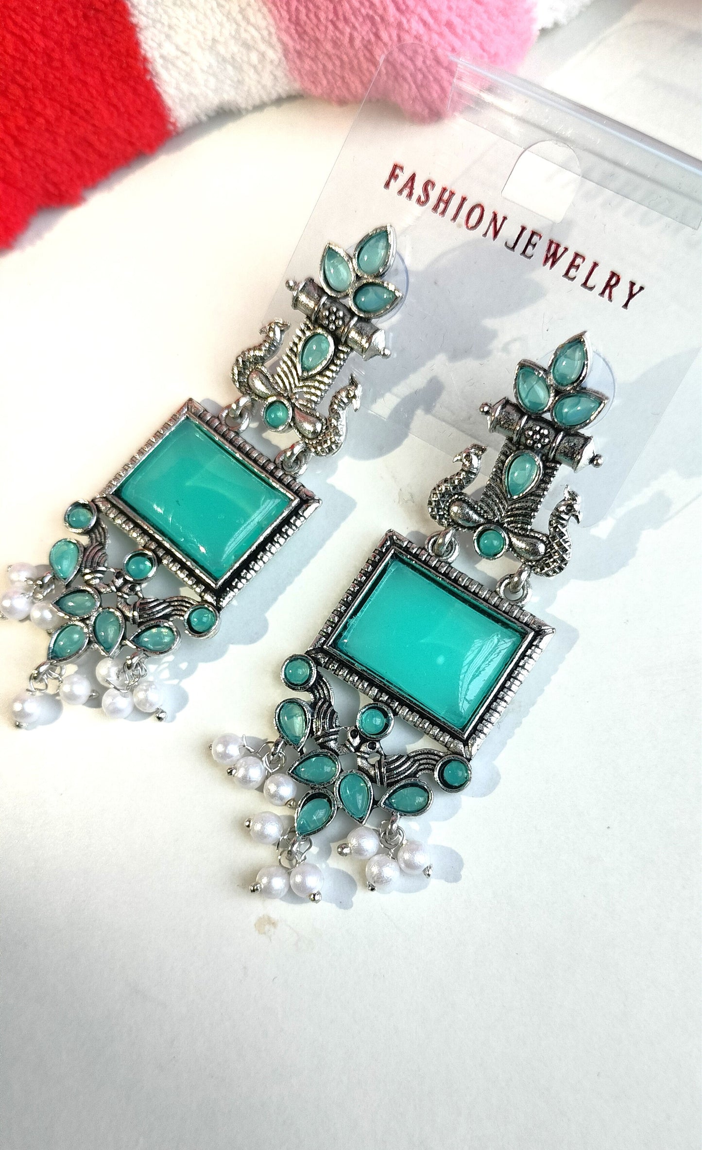 Oxidized Silver Peacock Dangler Earrings with Rama Green Stone & Pearl Drops – Ethnic Party Wear Jewelry for Women
