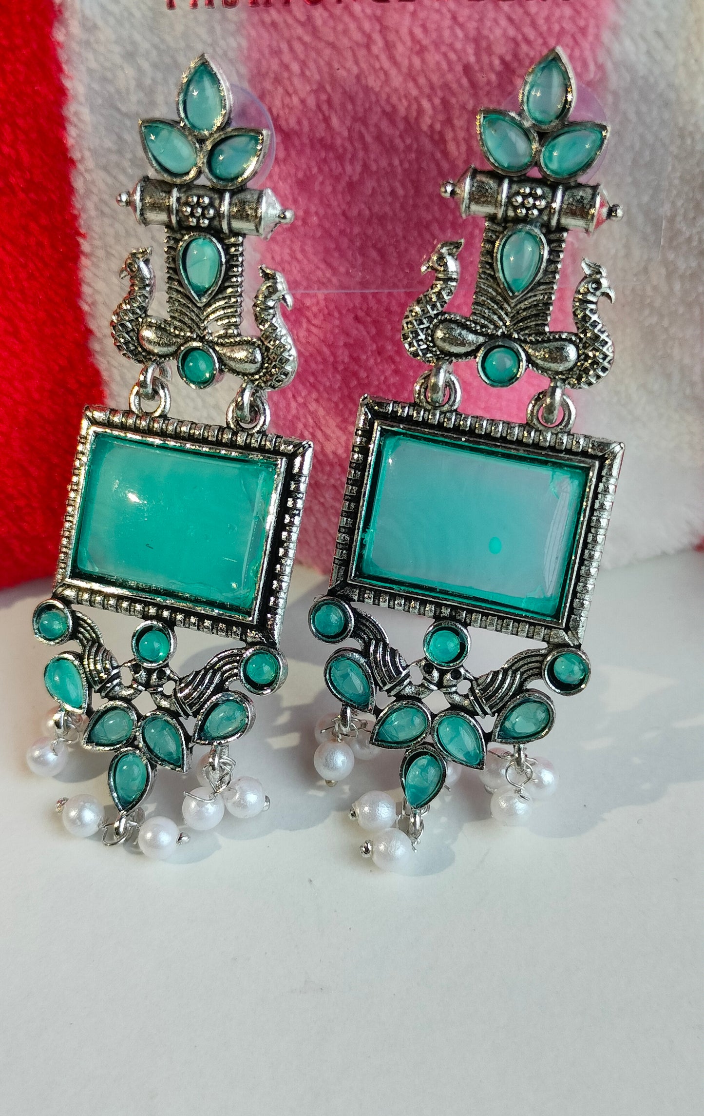 Oxidized Silver Peacock Dangler Earrings with Rama Green Stone & Pearl Drops – Ethnic Party Wear Jewelry for Women