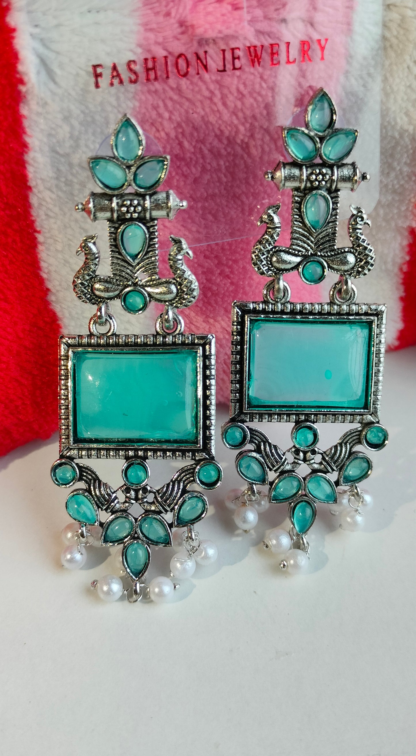 Oxidized Silver Peacock Dangler Earrings with Rama Green Stone & Pearl Drops – Ethnic Party Wear Jewelry for Women