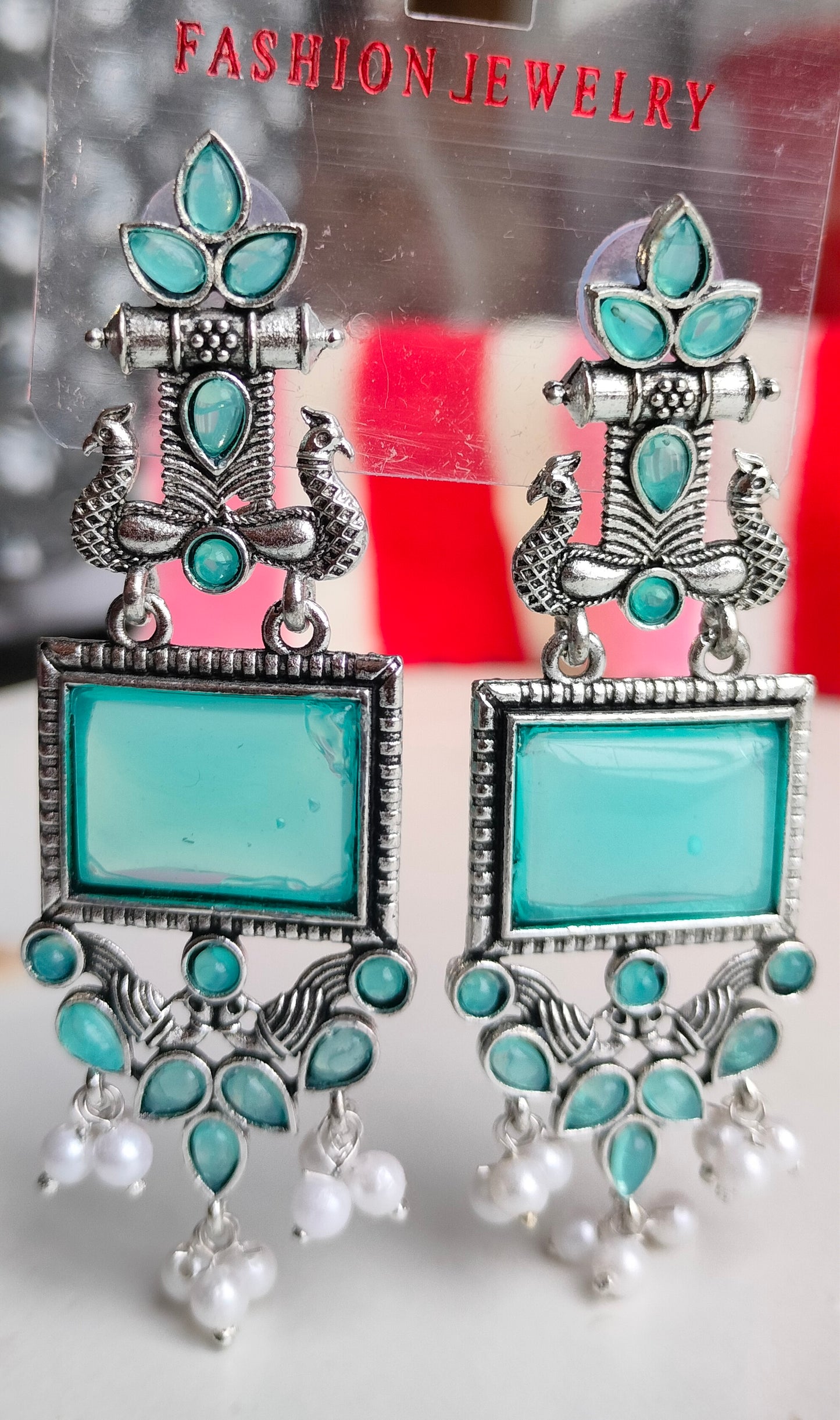 Oxidized Silver Peacock Dangler Earrings with Rama Green Stone & Pearl Drops – Ethnic Party Wear Jewelry for Women