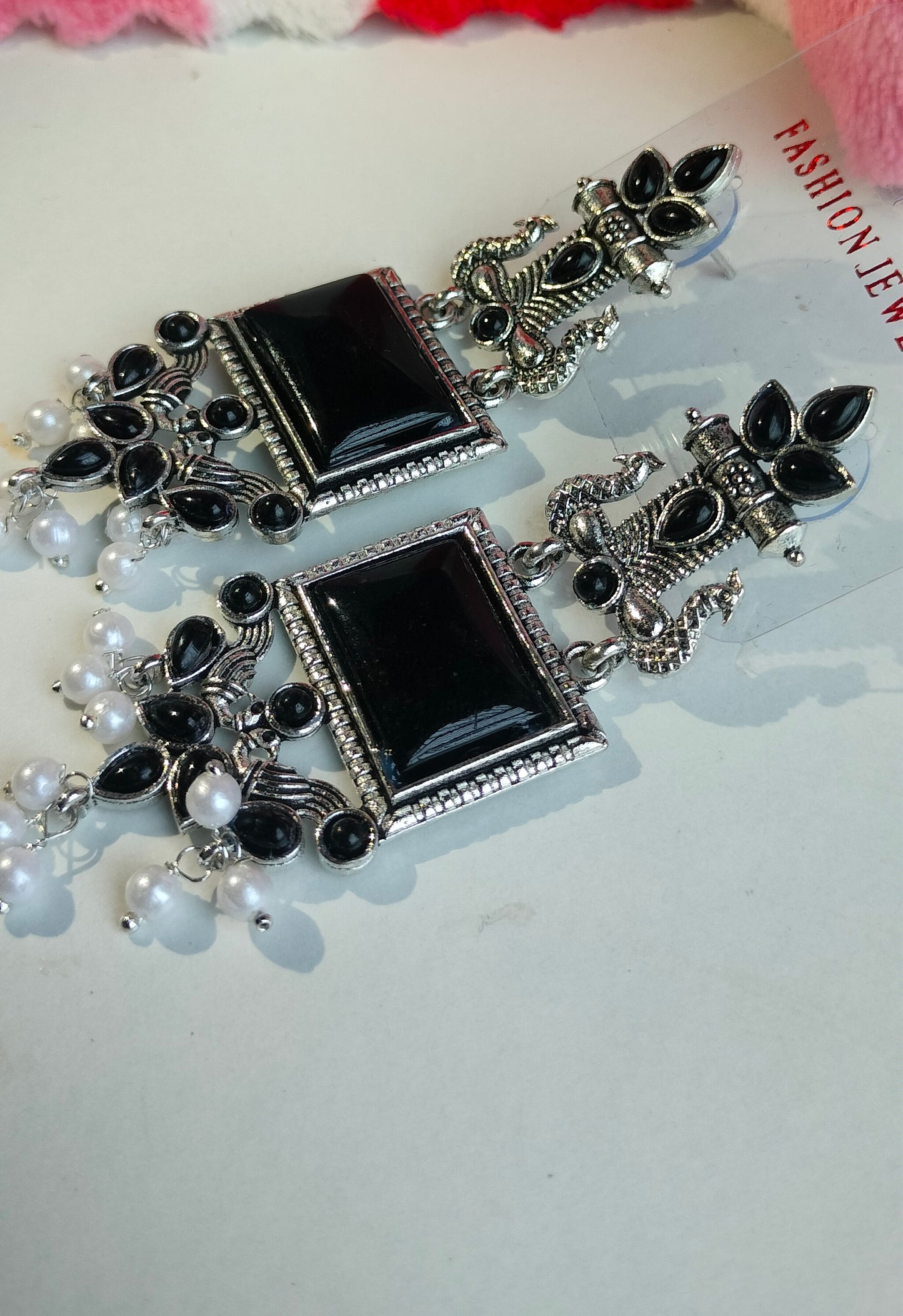 Oxidized Silver Peacock Dangler Earrings with Black Stone & Pearl Drops – Ethnic Party Wear Jewelry for Women