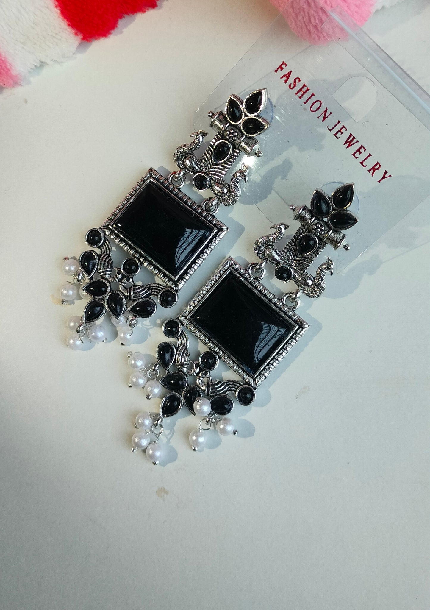 Oxidized Silver Peacock Dangler Earrings with Black Stone & Pearl Drops – Ethnic Party Wear Jewelry for Women
