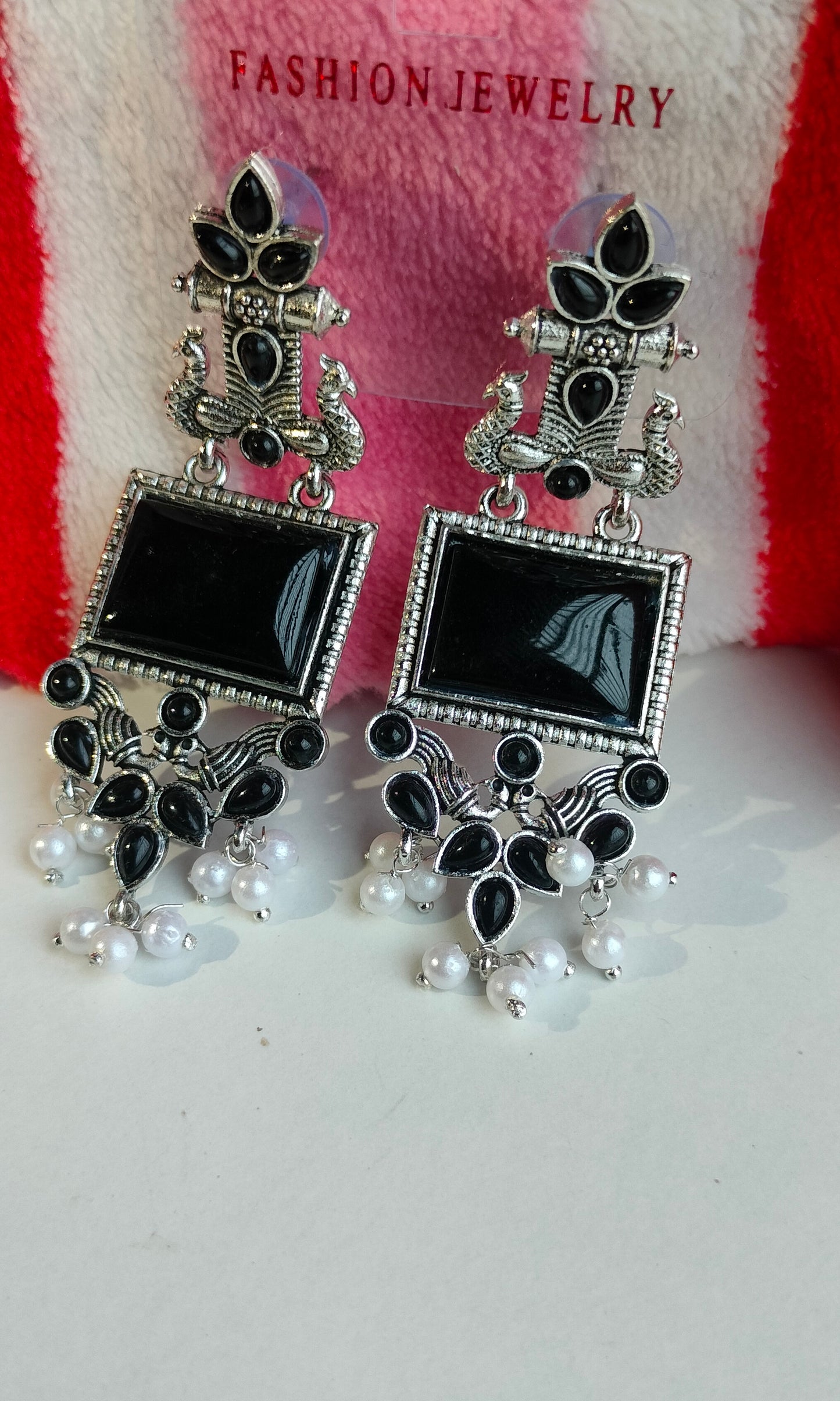 Oxidized Silver Peacock Dangler Earrings with Black Stone & Pearl Drops – Ethnic Party Wear Jewelry for Women