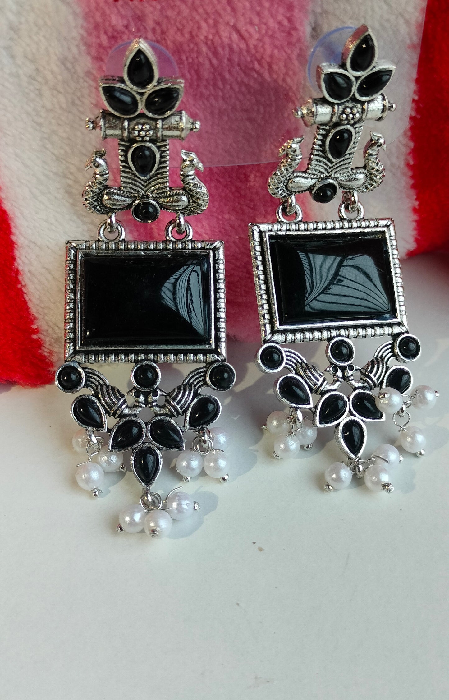 Oxidized Silver Peacock Dangler Earrings with Black Stone & Pearl Drops – Ethnic Party Wear Jewelry for Women