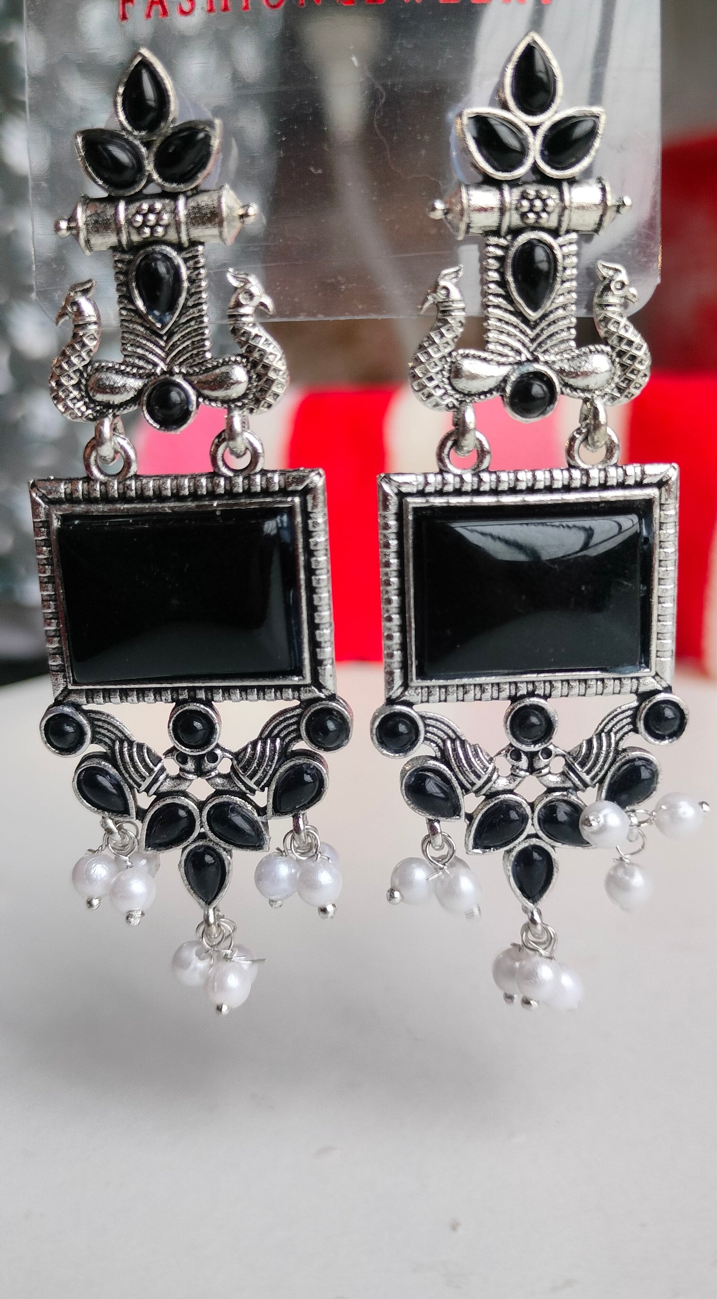 Oxidized Silver Peacock Dangler Earrings with Black Stone & Pearl Drops – Ethnic Party Wear Jewelry for Women