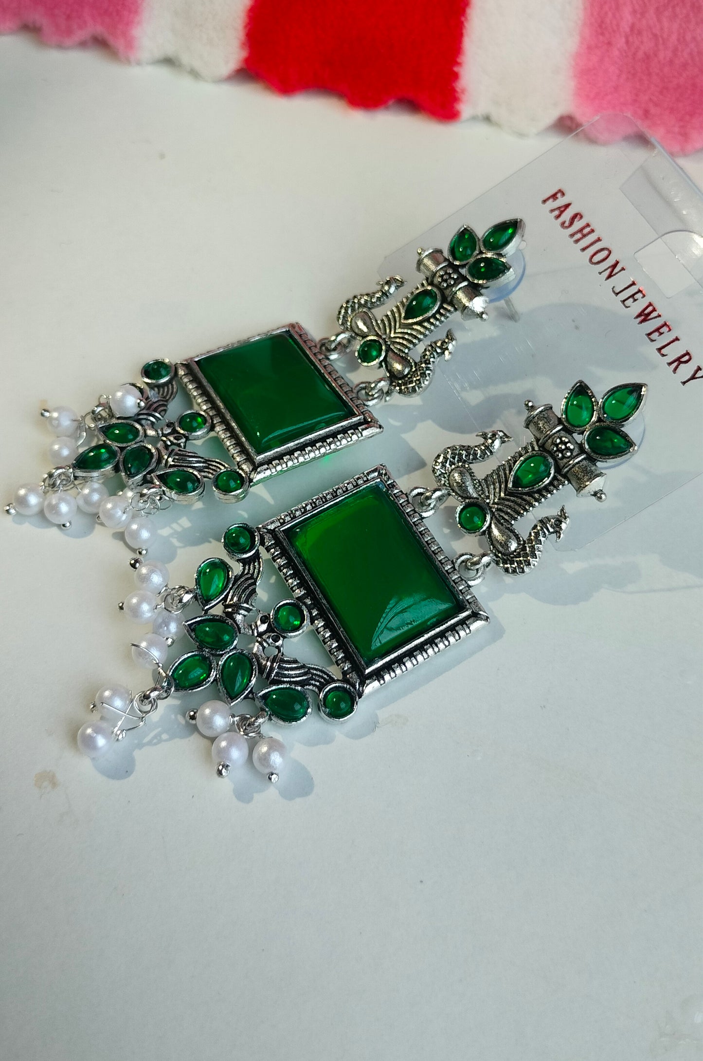 Oxidized Silver Peacock Dangler Earrings with Green Stone & Pearl Drops – Ethnic Party Wear Jewelry for Women