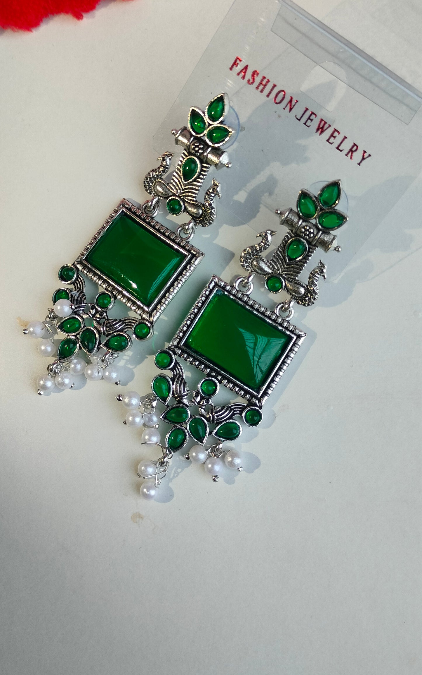 Oxidized Silver Peacock Dangler Earrings with Green Stone & Pearl Drops – Ethnic Party Wear Jewelry for Women