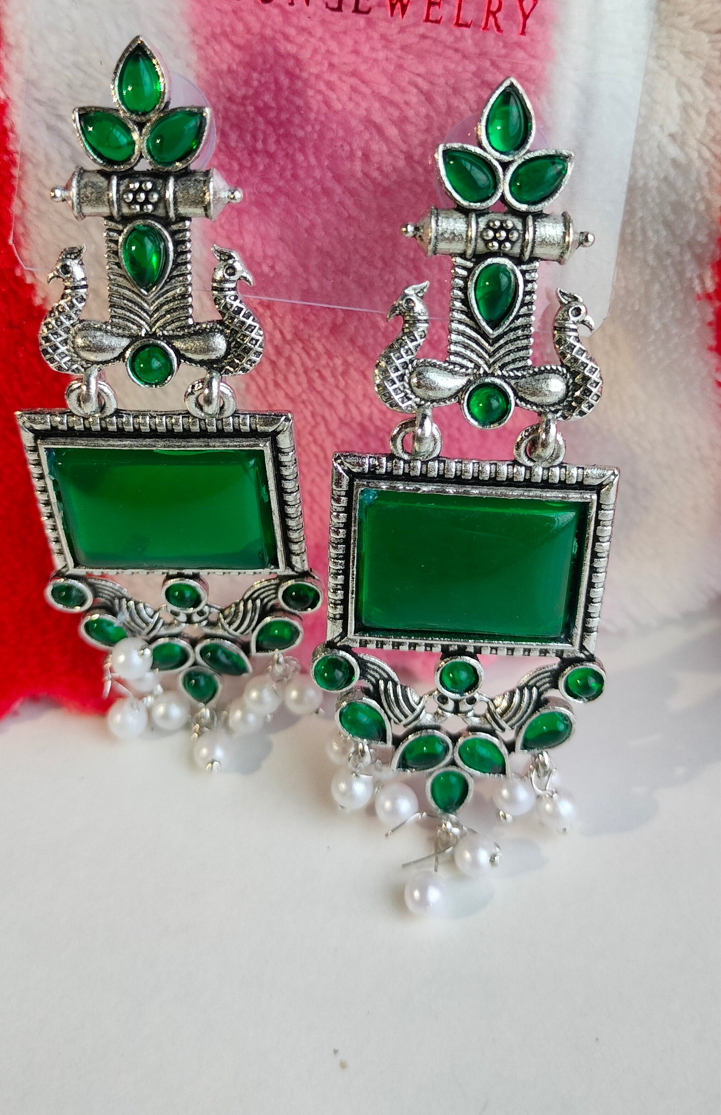 Oxidized Silver Peacock Dangler Earrings with Green Stone & Pearl Drops – Ethnic Party Wear Jewelry for Women
