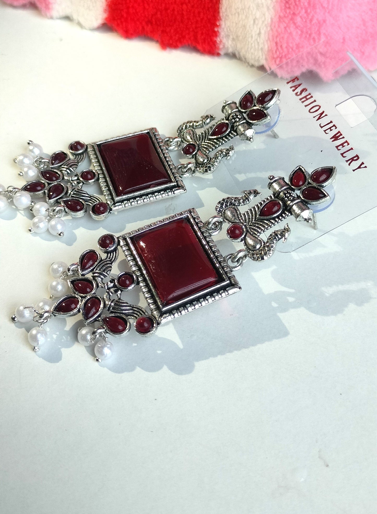 Oxidized Silver Peacock Dangler Earrings with Maroon Stone & Pearl Drops – Ethnic Party Wear Jewelry for Women