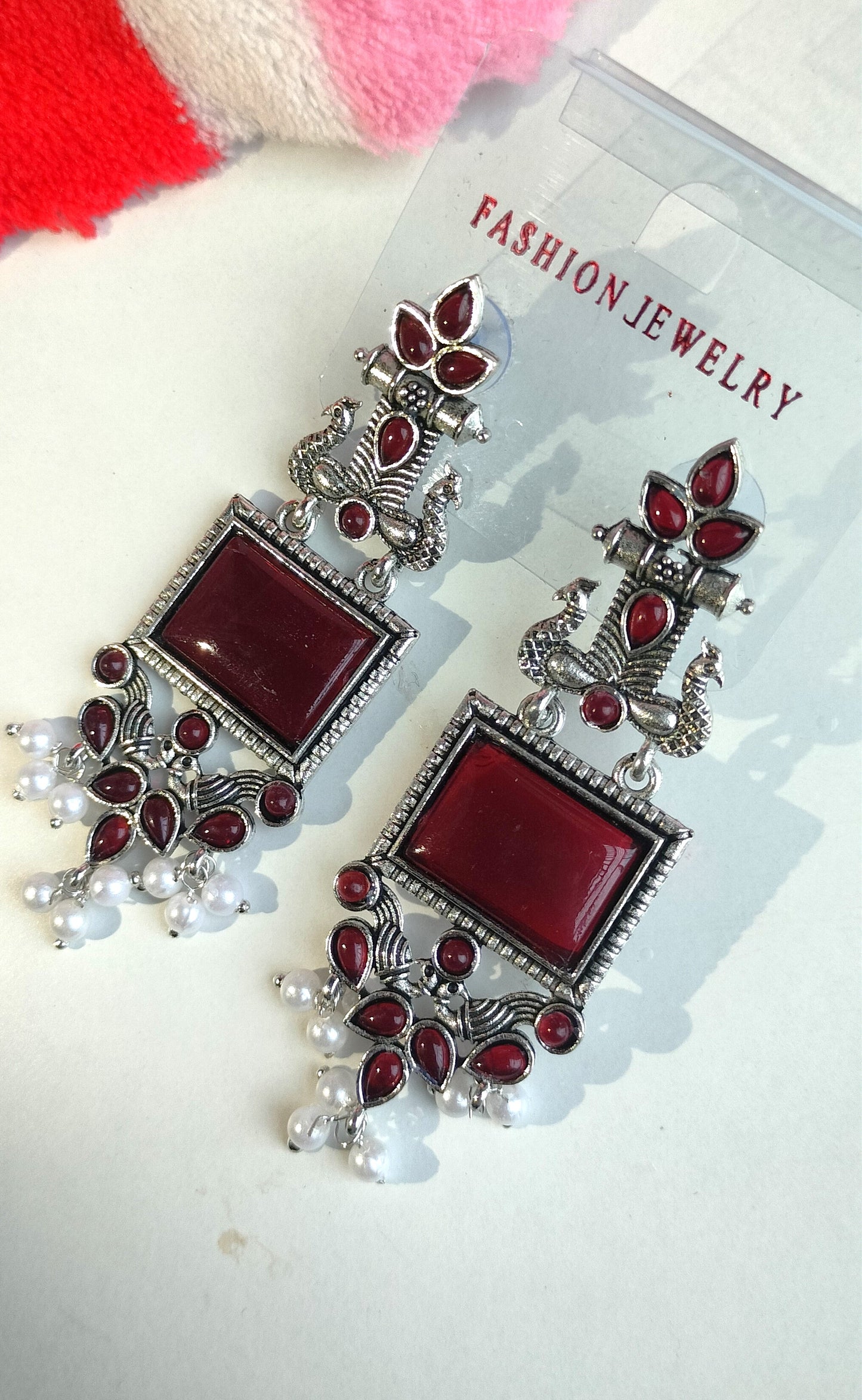 Oxidized Silver Peacock Dangler Earrings with Maroon Stone & Pearl Drops – Ethnic Party Wear Jewelry for Women