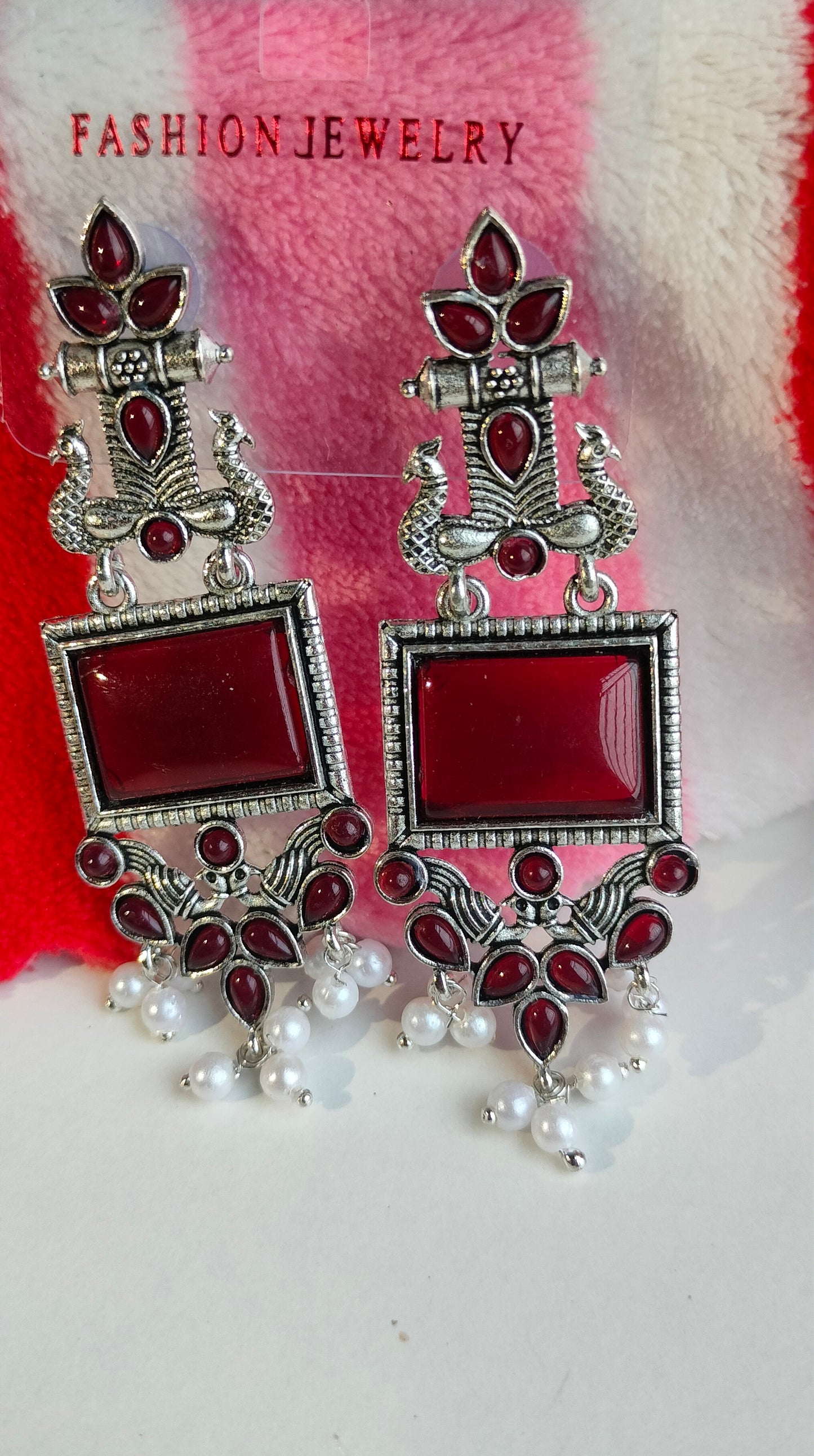 Oxidized Silver Peacock Dangler Earrings with Maroon Stone & Pearl Drops – Ethnic Party Wear Jewelry for Women
